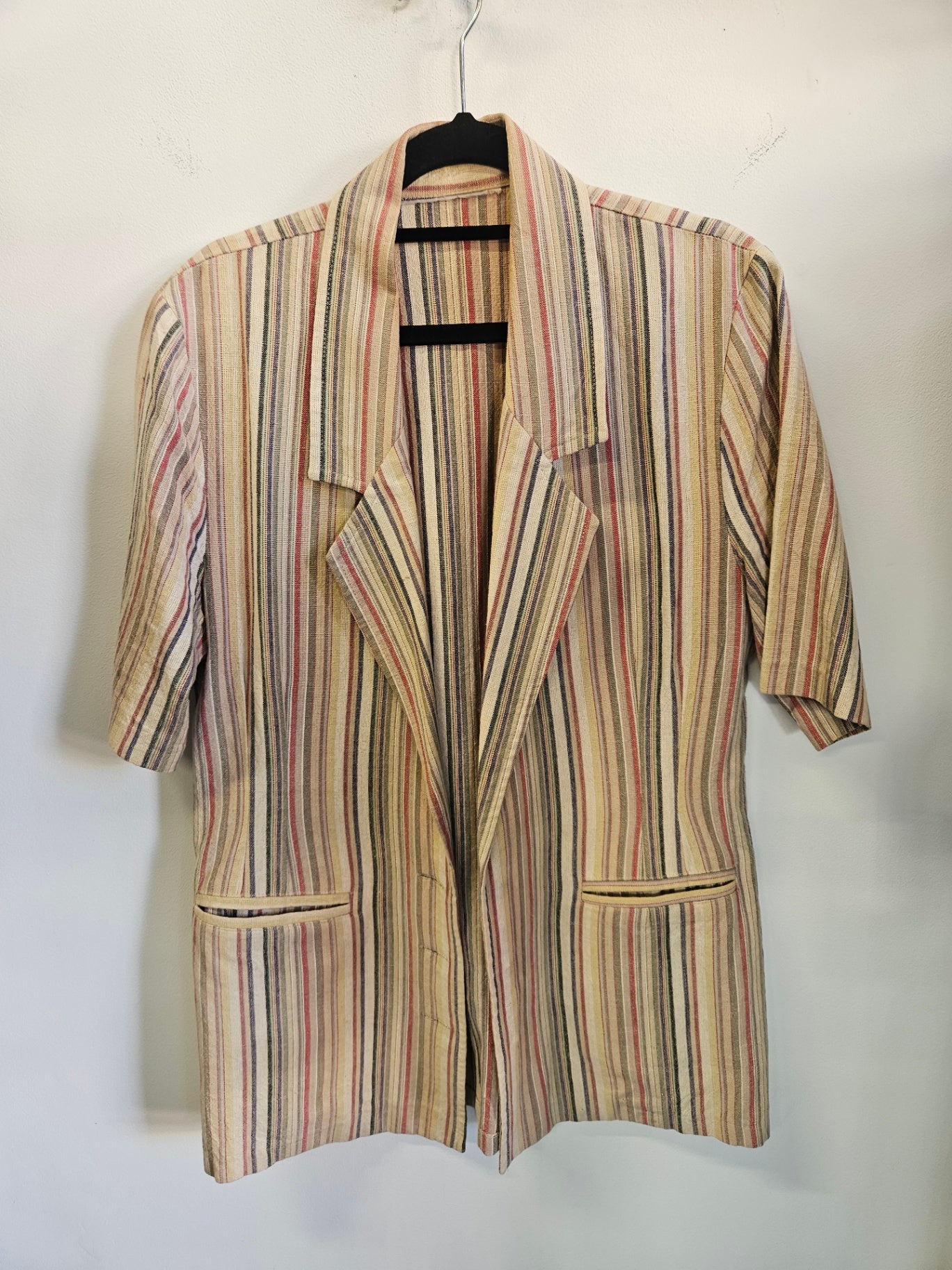VINTAGE LINEN SHORT SLEEVE BLAZER BEIGE MULTI STRIPE SIZE 12