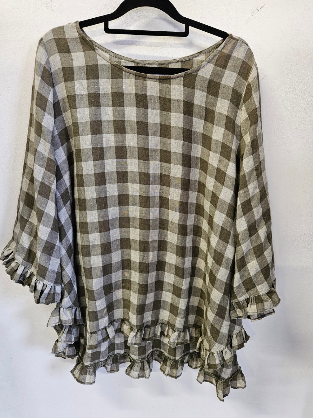 HAVEN LINEN MID SLEEVE TOP KHAKI CHECKERED SIZE M/L