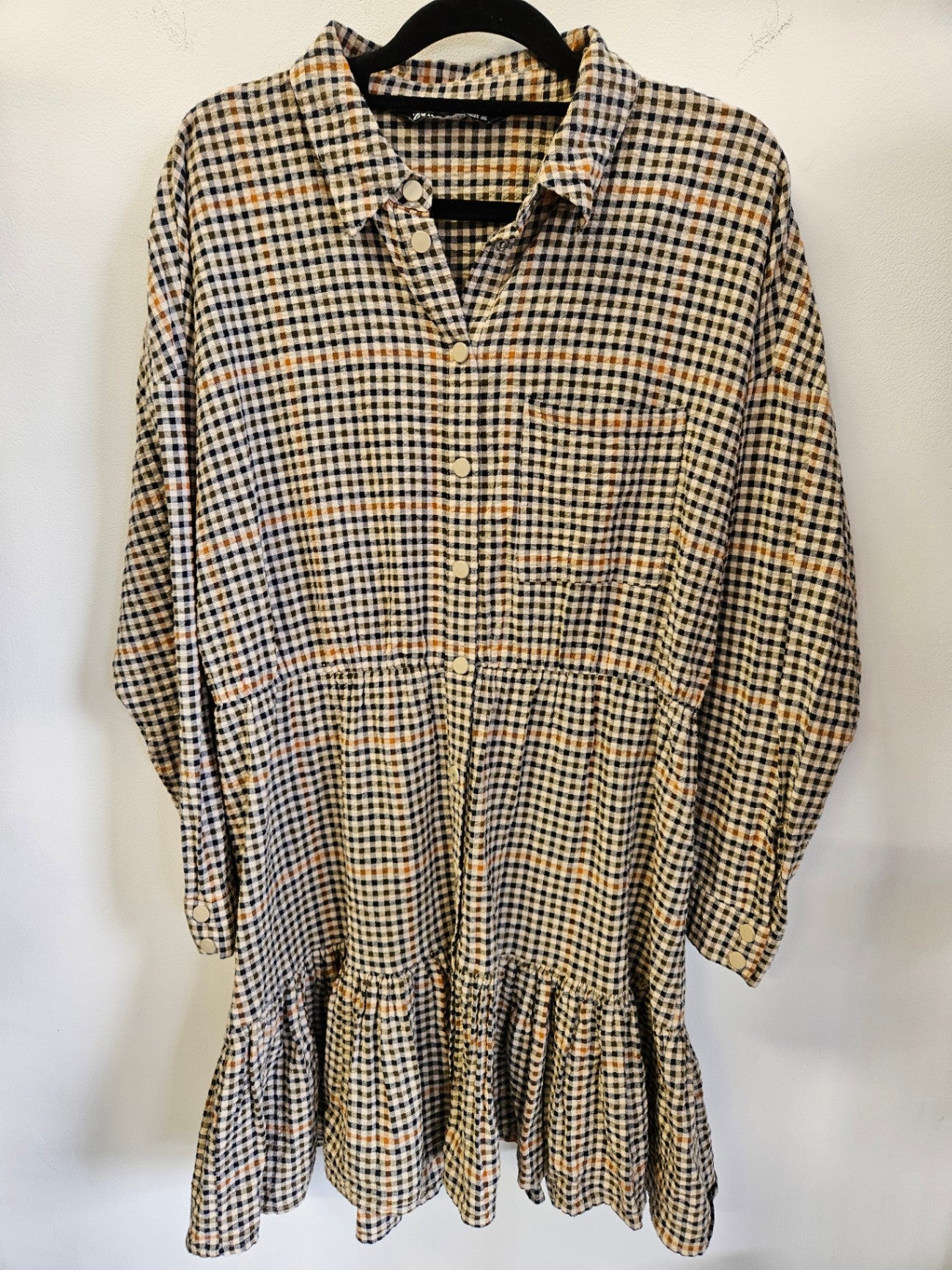 ZARA COTTON LONG SLEEVE MINI DRESS CREAM NAVY BROWN CHECK SIZE M