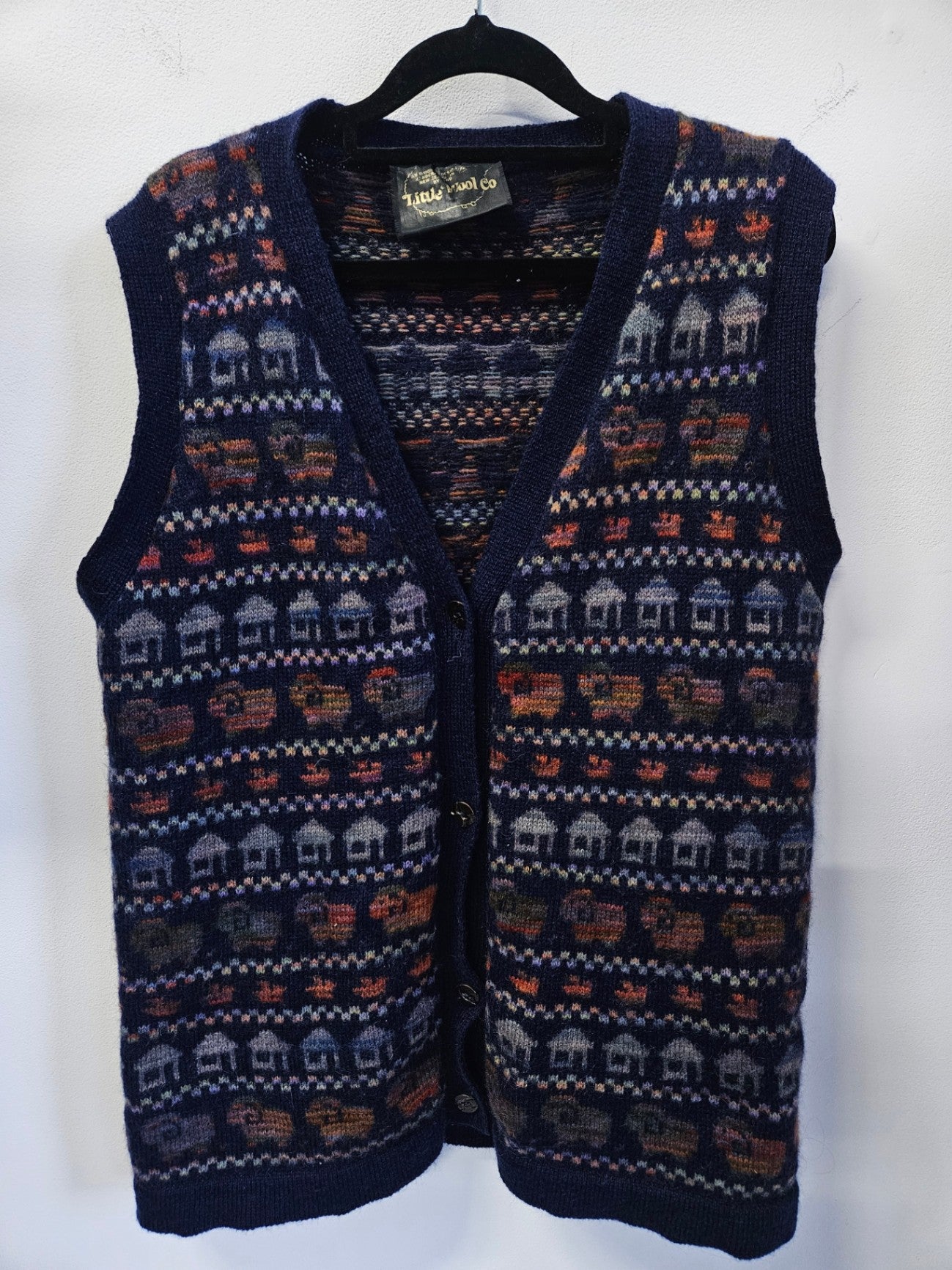 LITTLE WOOL CO MOHAIR WOOL BLEND VINTAGE KNITTED VEST NAVY HOUSE SIZE L