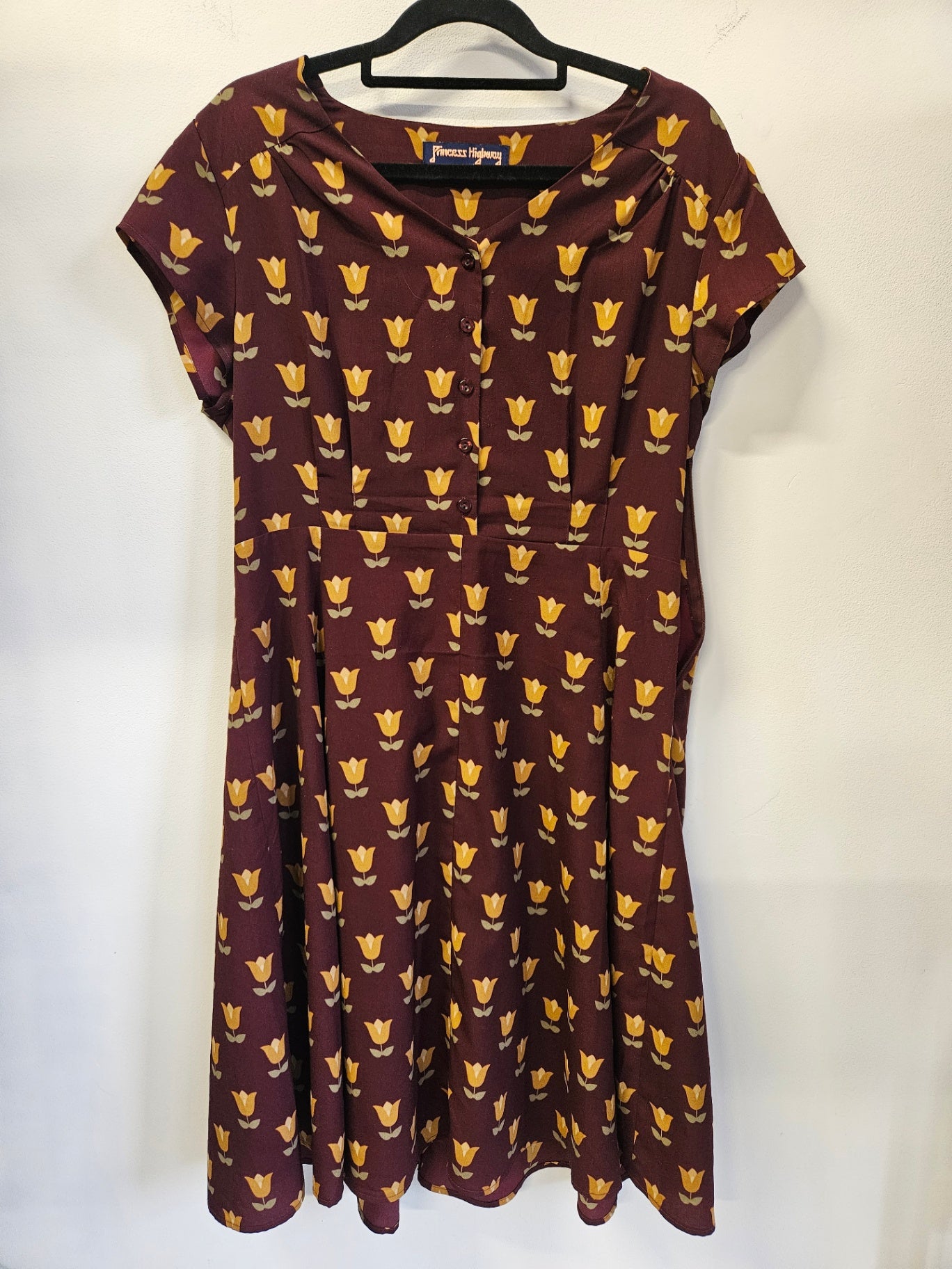 PRINCESS HIGHWAY POLYESTER MIDI VINTAGE STYLE DRESS BURGUNDY YELLOW TULIP SIZE 14