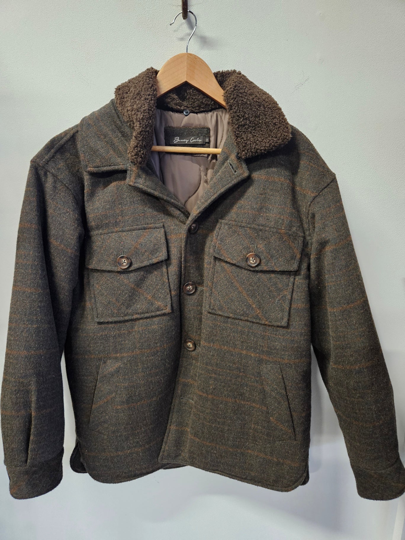 BARNEY COOLLS WOOL BLEND JACKET BROWN GREEN PLAID SIZE L