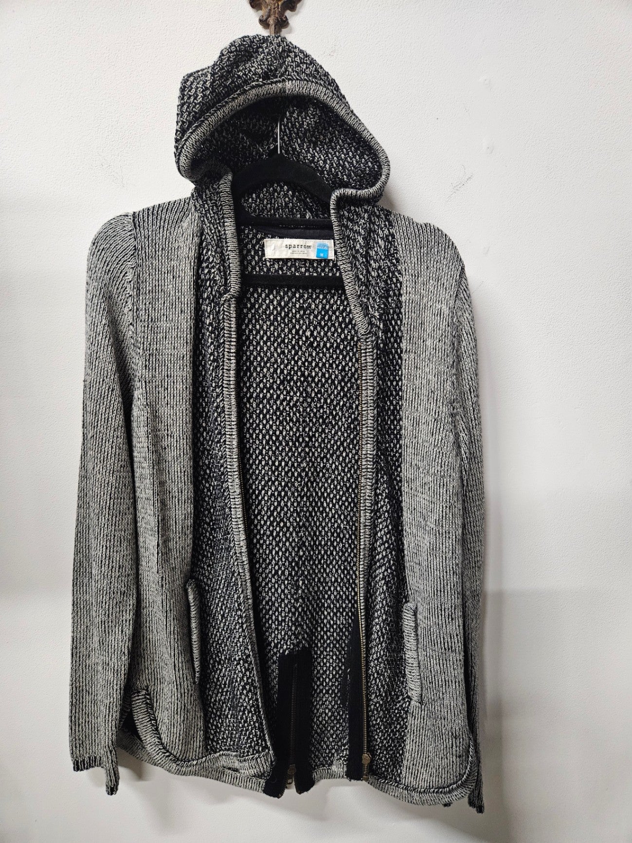 SPARROW COTTON KNITTED ZIP UP SWEATER BLACK GREY WOVEN SIZE M