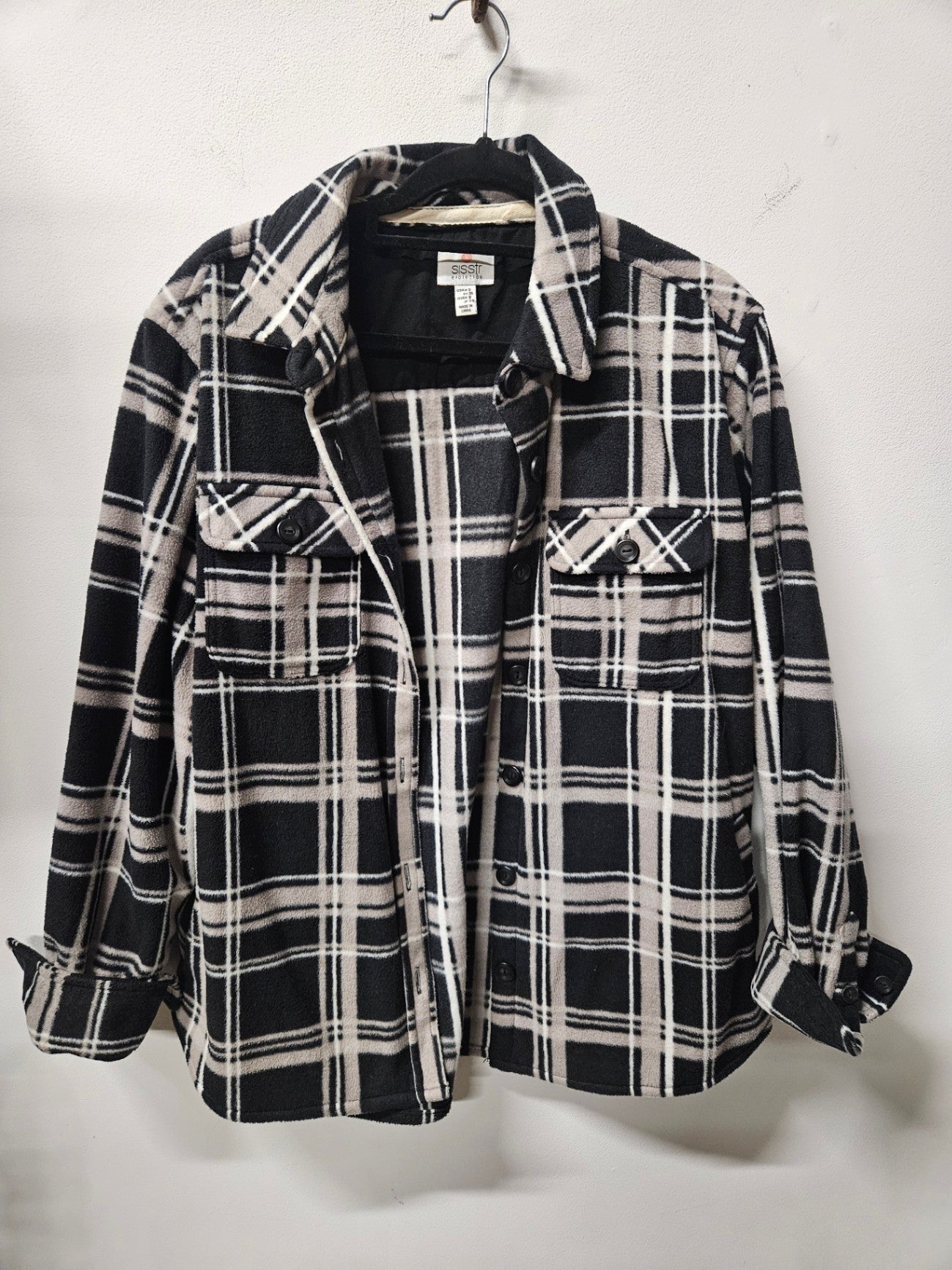 SISSTR FLEECE JACKET BLACK AND GREY PLAID SIZE 8