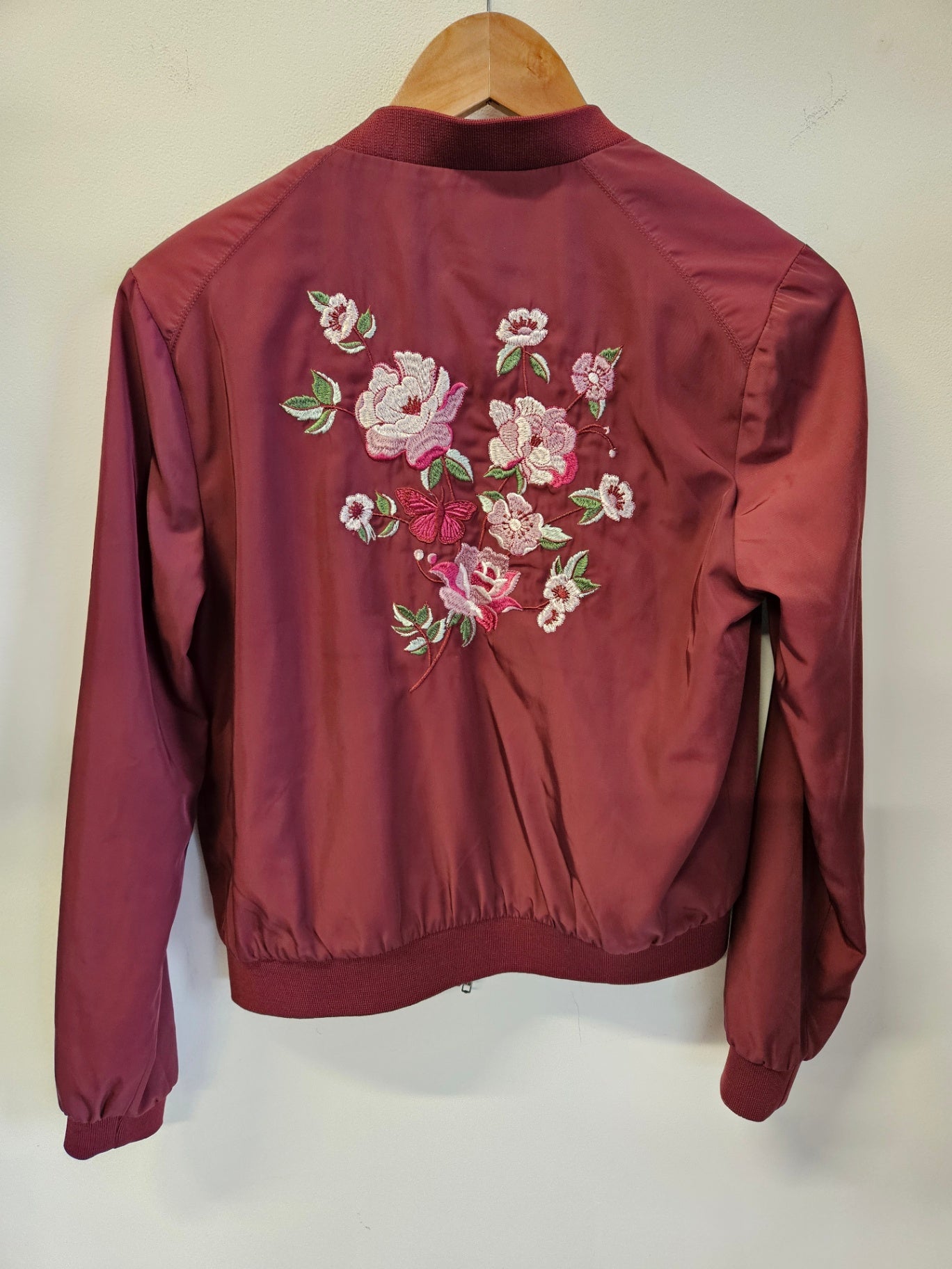 JUST JEANS NYLON JACKET BURGUNDY EMBROIDERED SIZE 10