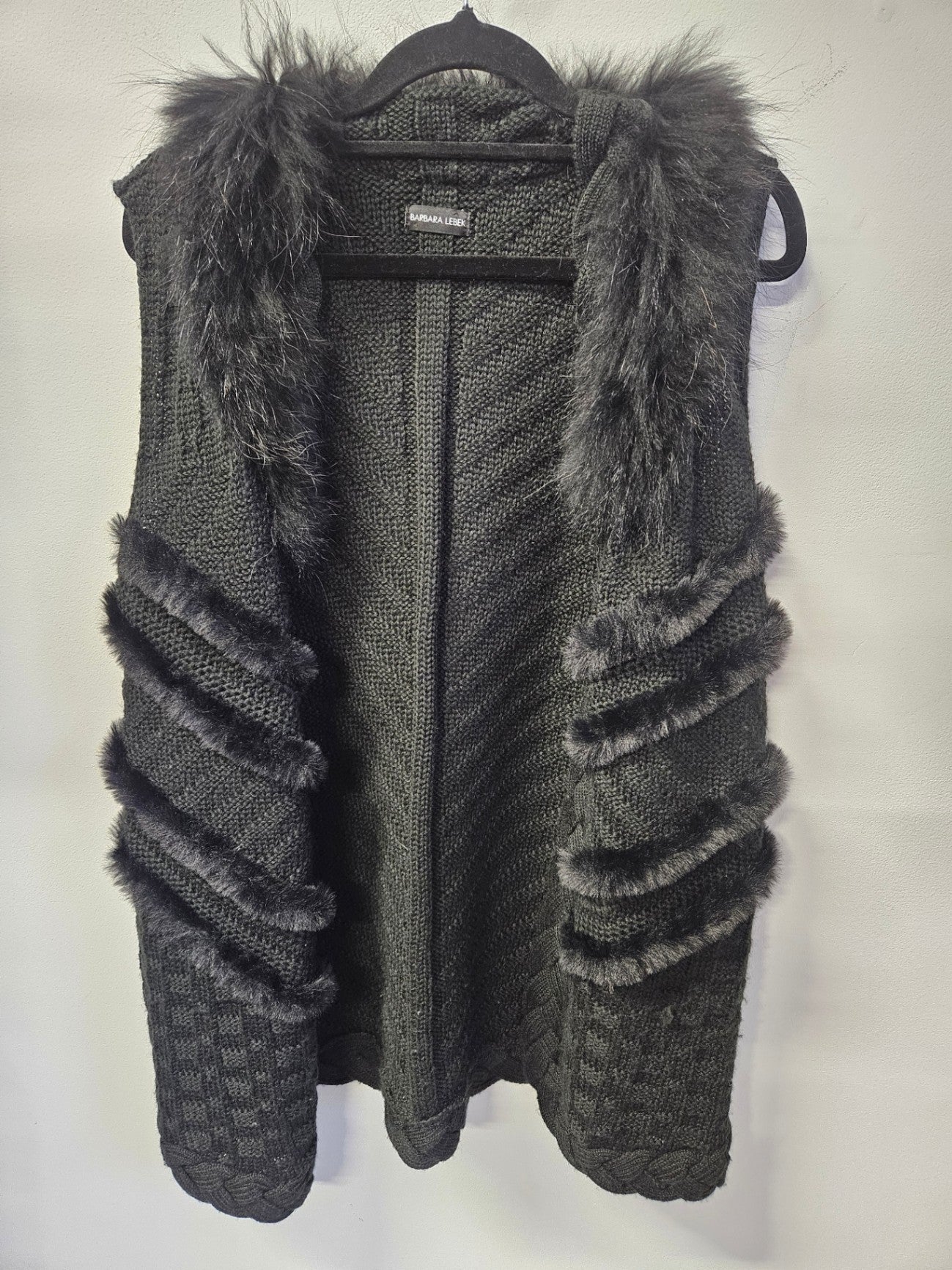 BABARA LEBEK ACRYLIC WOOL BLEND FAUX FUR DUSTER BLACK SIZE M