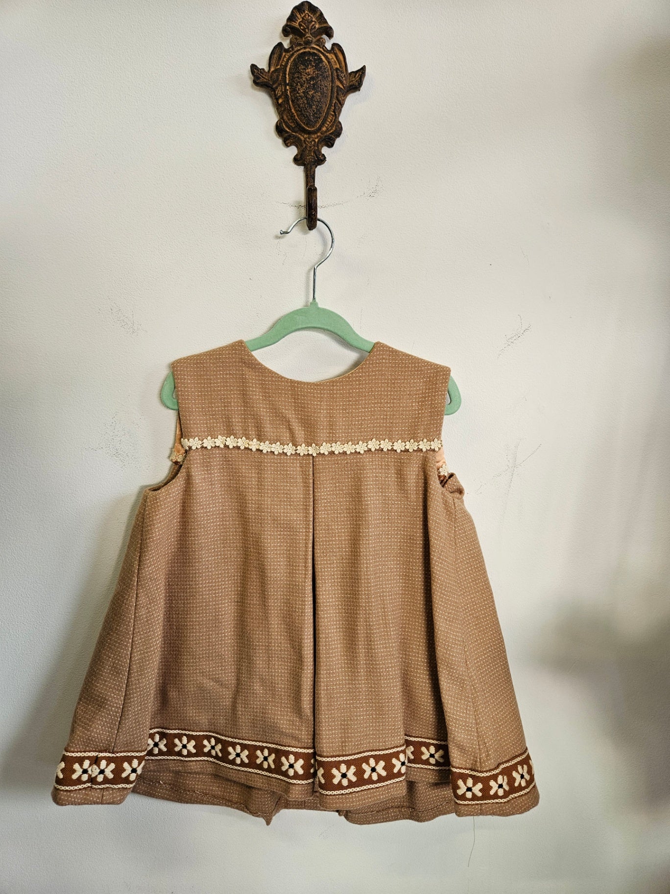 HOMEMADE WOOL DRESS BROWN DAISY TRIM SIZE 3-4Y