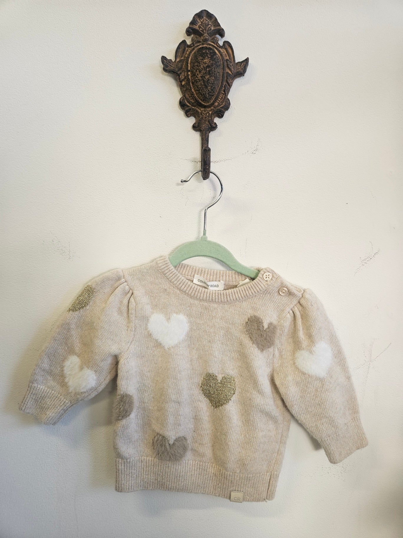 COUNTRY ROAD WOOL CASHMERE BLEND KNITTED SWEATER CREAM FLUFFY GLITTER HEART SIZE 0-3M