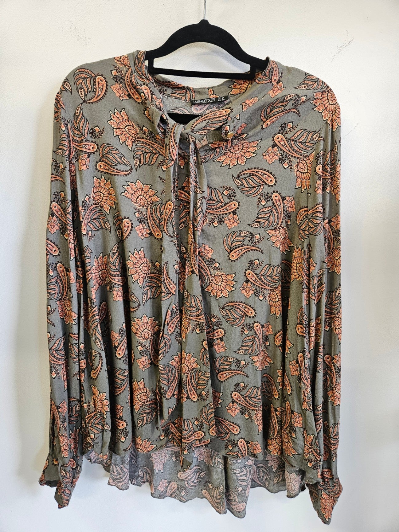 FATE AND BECKER VISCOSE LONG SLEEVE TOP KHAKI TERACOTTA FLORAL SIZE 10