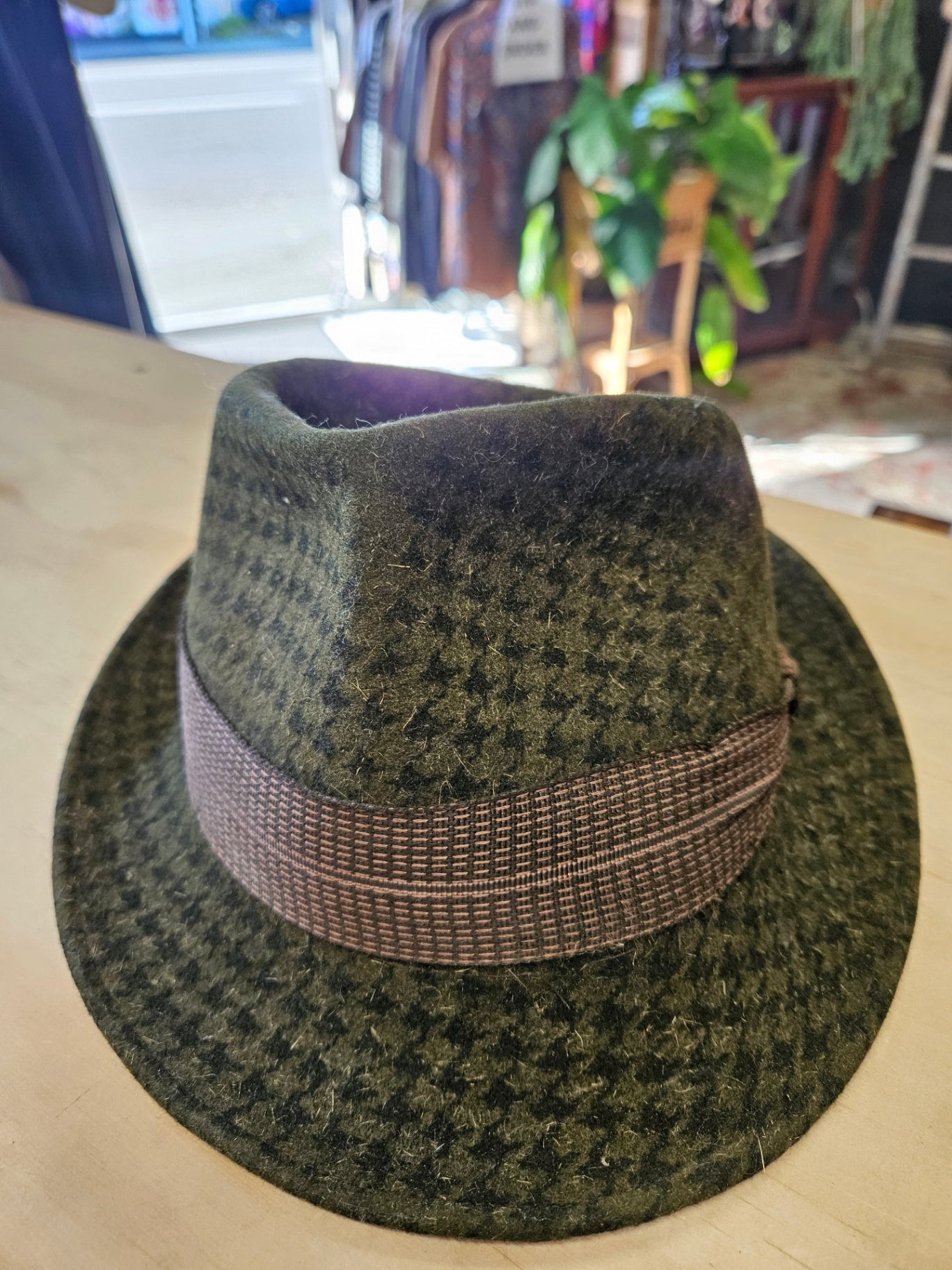 VINTAGE WOOL FEDORA HAT OLIVE HOUNDSTOOTH SIZE
