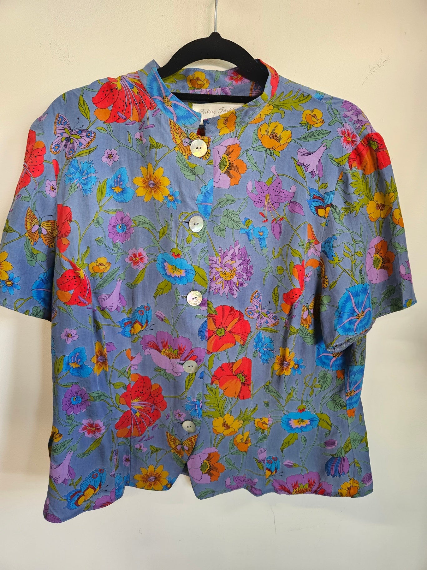 PATSY SEDDON SILK SHORT SLEEVE TOP BLUE RAINBOW FLORAL SIZE 12