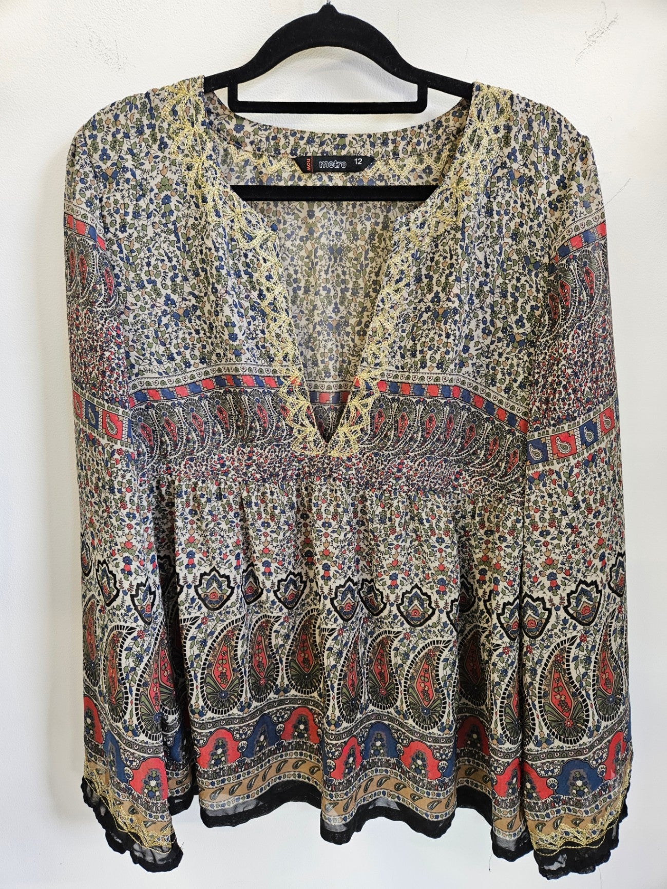 METRO POLYESTER LONG SLEEVE TOP PAISLEY GOLD SIZE 12