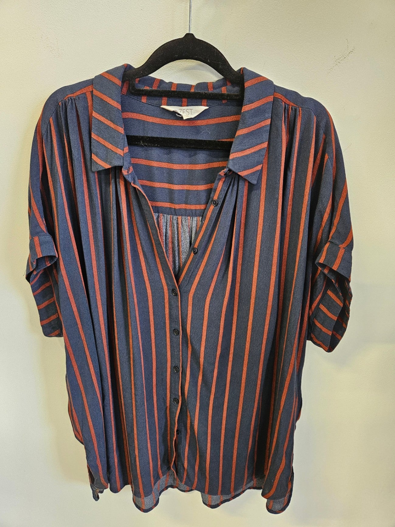 ZEST VISCOSE SHIRT NAVY BRICK STRIPE SIZE 18