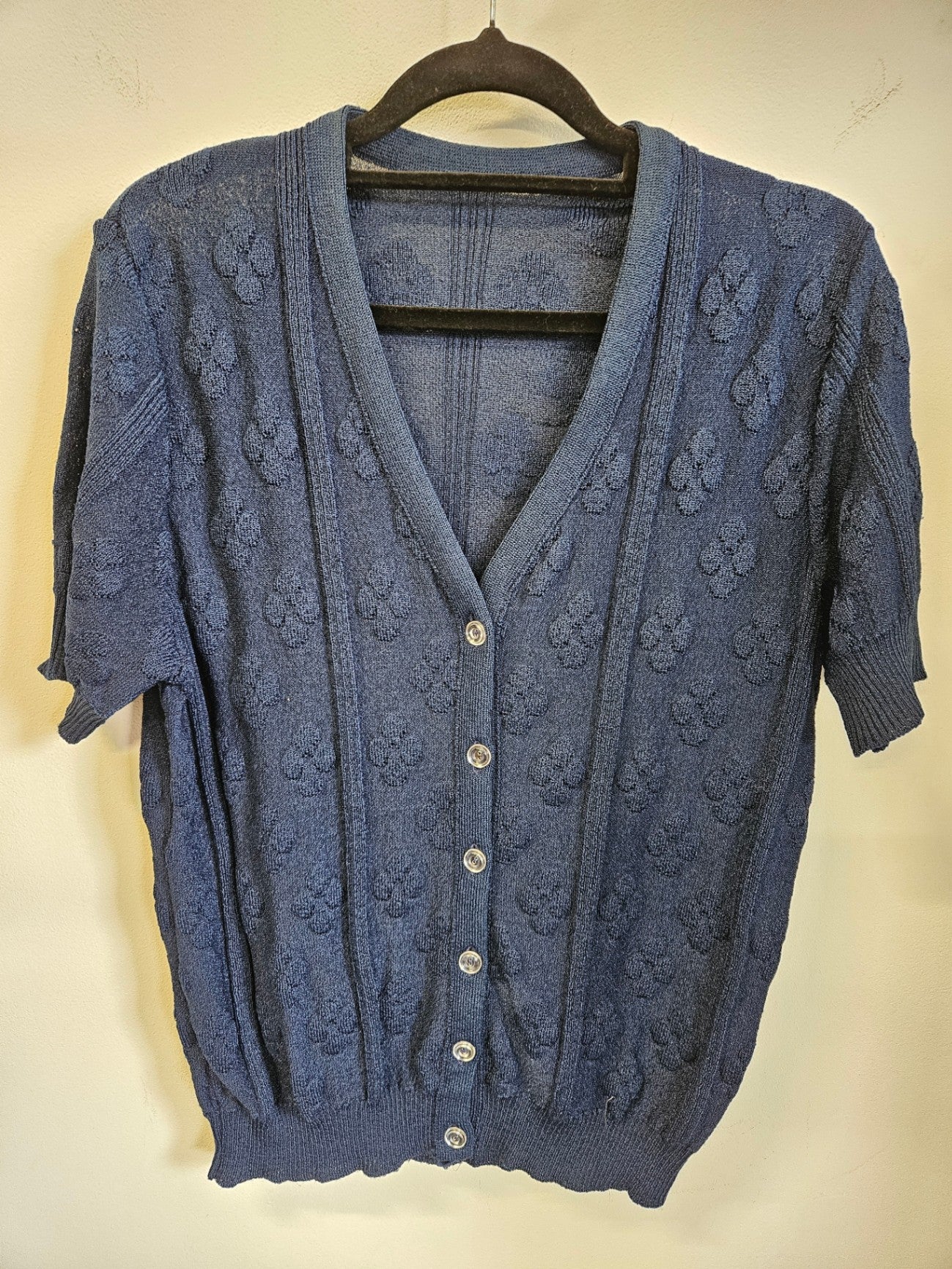 VINTAGE BONDS KNITTED NYLON SHORT SLEEVE CARDIGAN NAVY SIZE 10