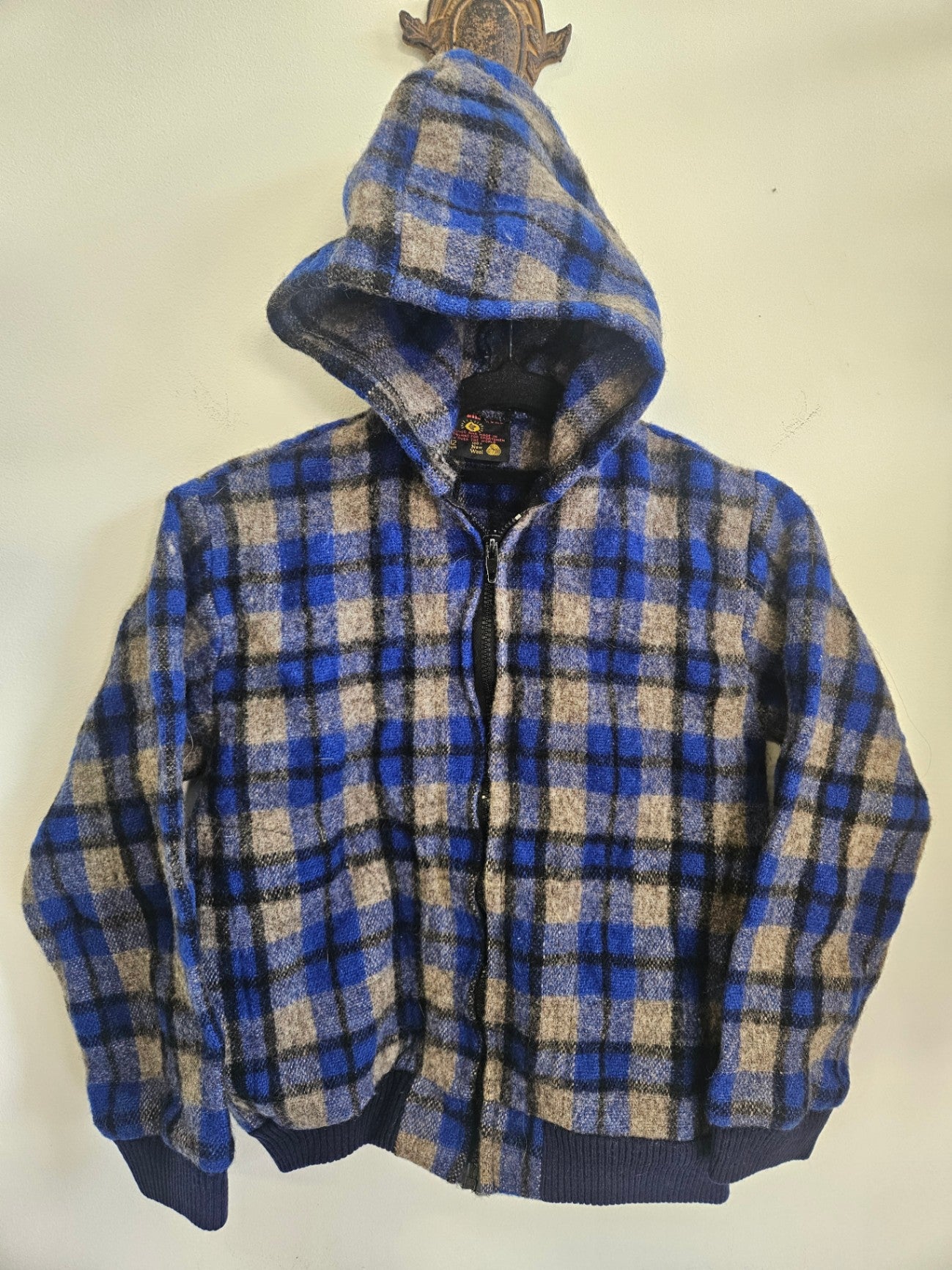 HUNTERS GOLD WOOL ZIP UP HOODED SWEATSHIRT BLUE GREY CHECK SIZE 10-12Y