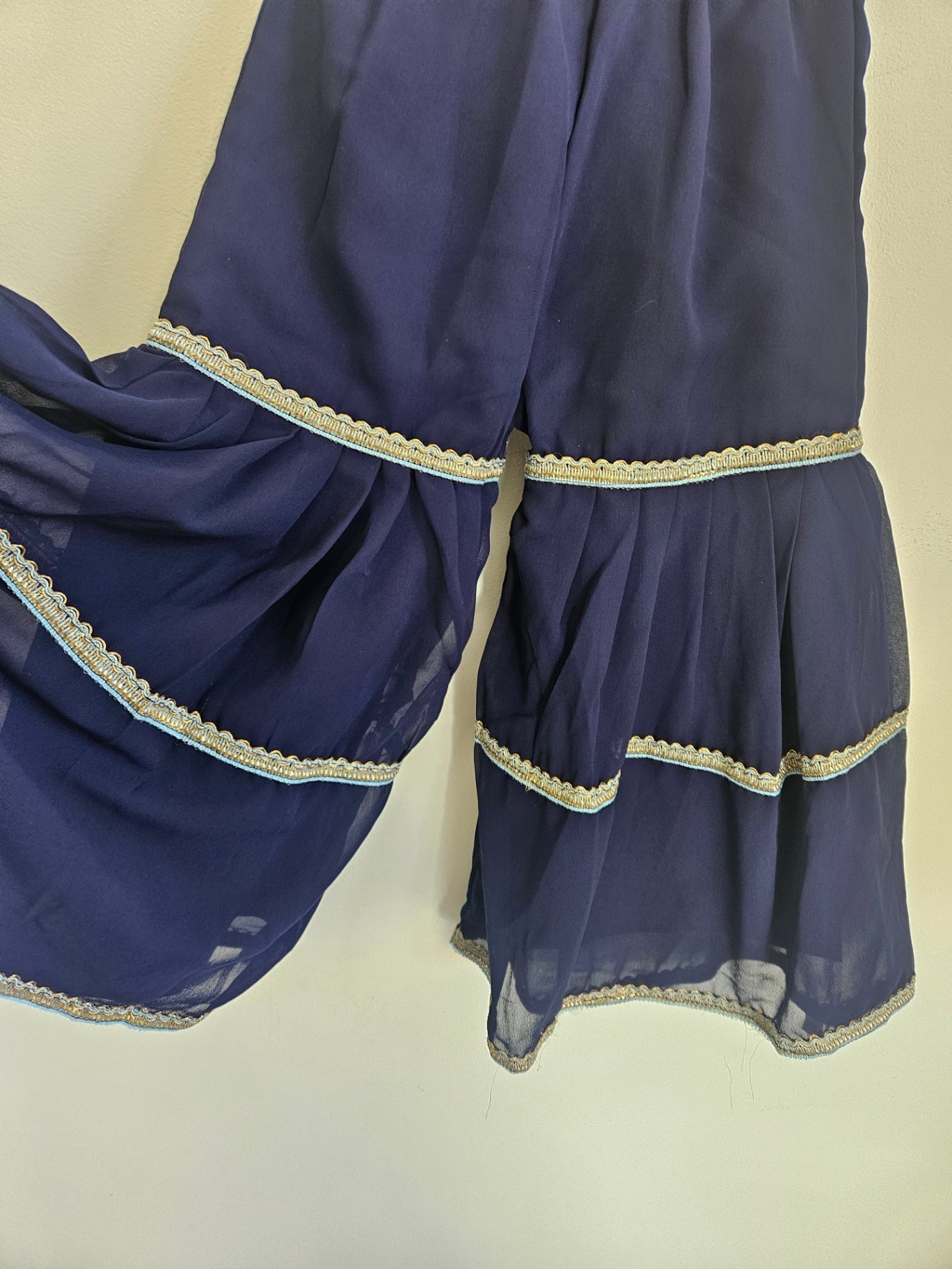 SHEER EMBROIDERED TRIM PANTS NAVY SIZE 5