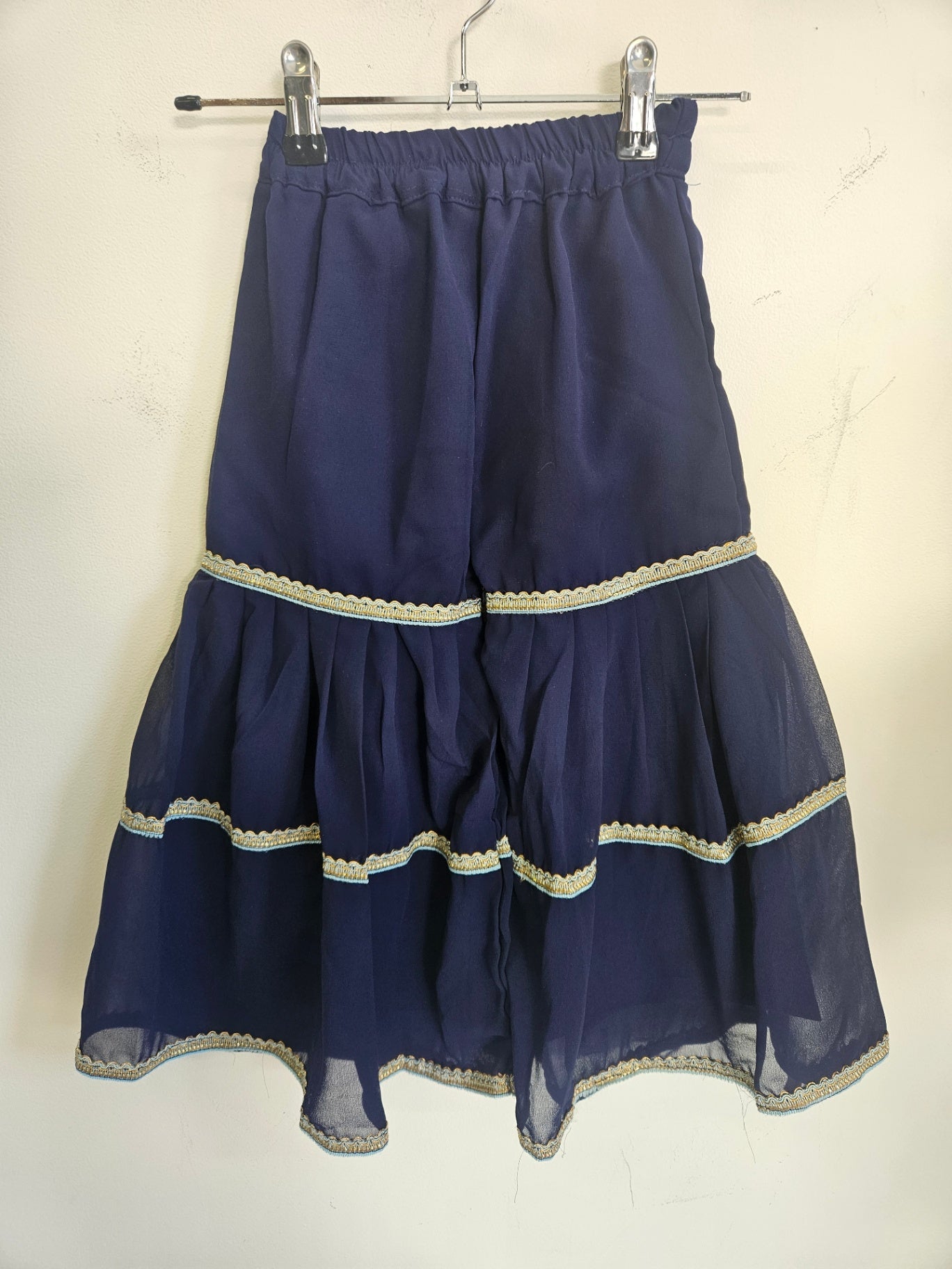 SHEER EMBROIDERED TRIM PANTS NAVY SIZE 5