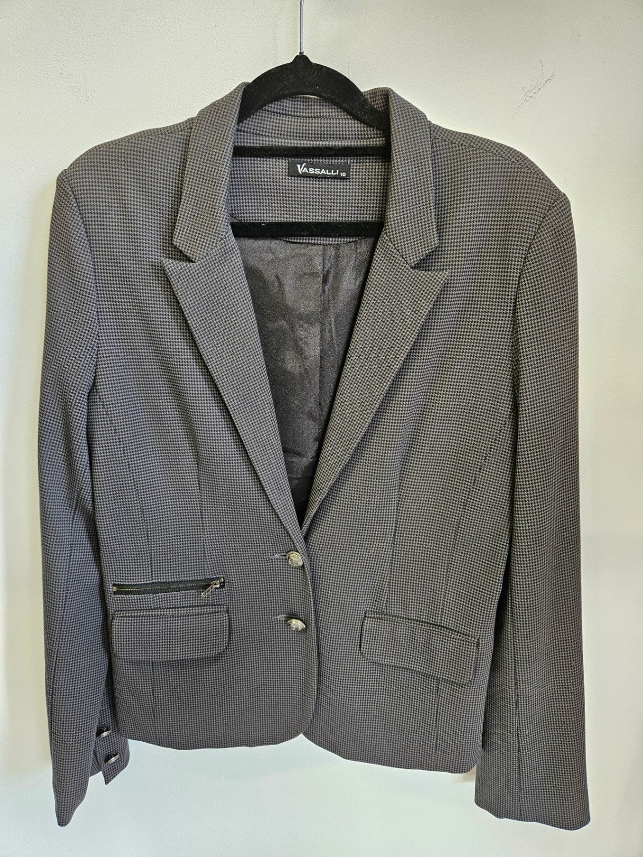 VASSALI VISCOSE BLEND BLAZER CHARCOAL MICRO HOUNDSTOOTH SIZE 10
