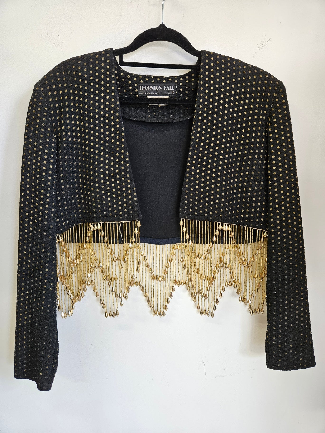VINTAGE THORNTON HALL TEXTURED BEADED CROPPED JACKET BLACK GOLD SIZE 10