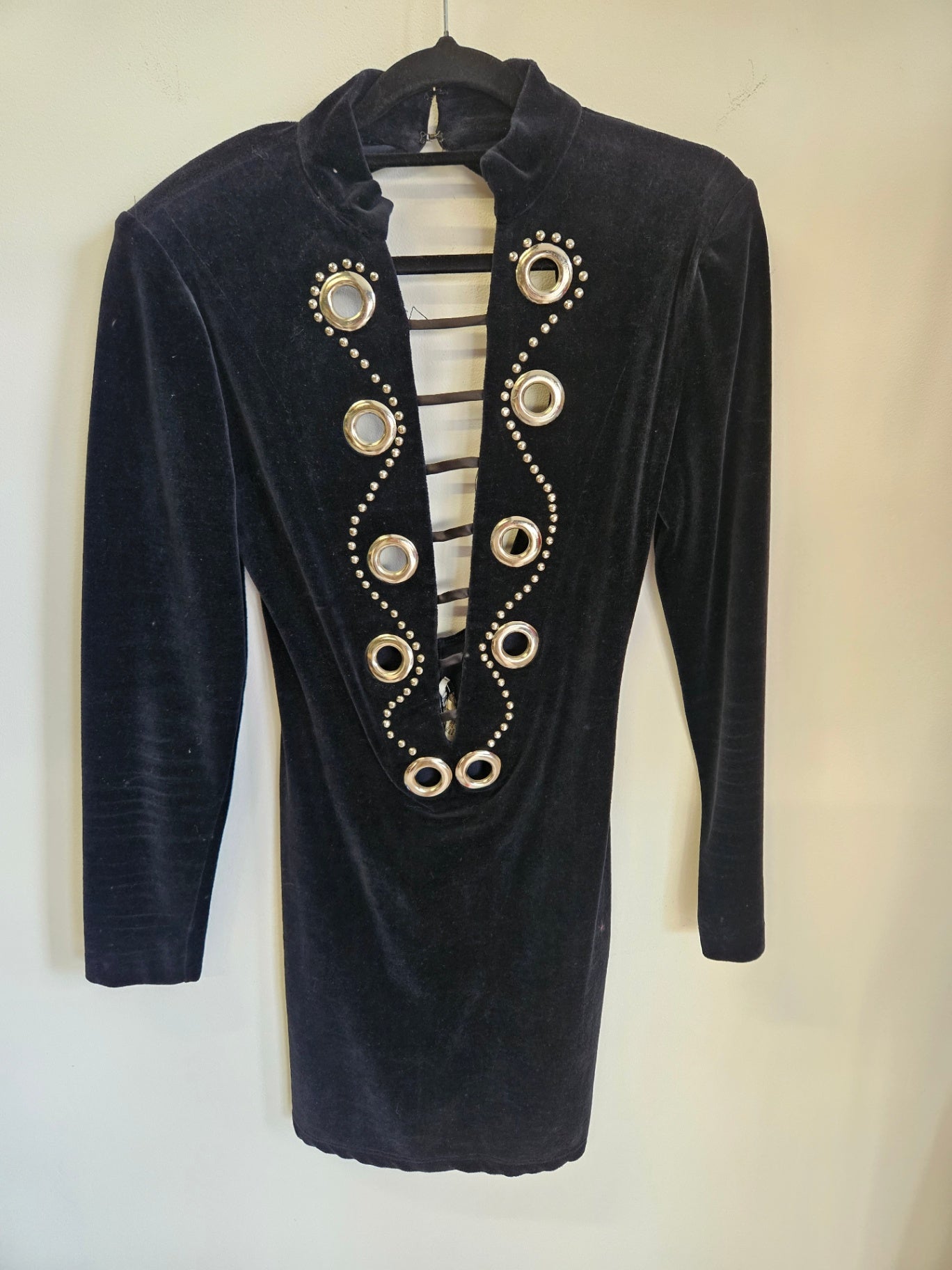 VINTAGE ZUM ZUM VELVET LONG SLEEVE MINI DRESS BLACK SILVER SEQUIN SIZE M