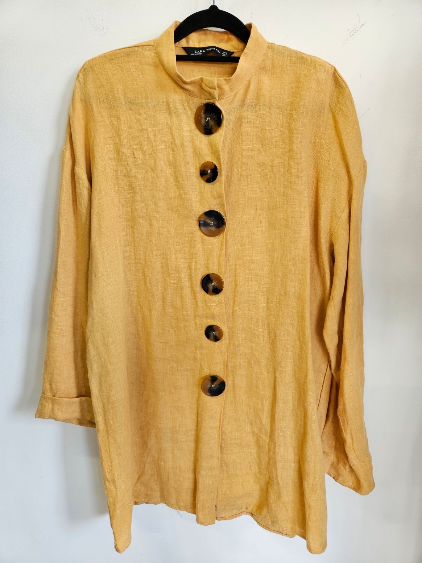 ZARA LINEN LONG SLEEVE TUNIC SHIRT DEEP YELLOW SIZE S