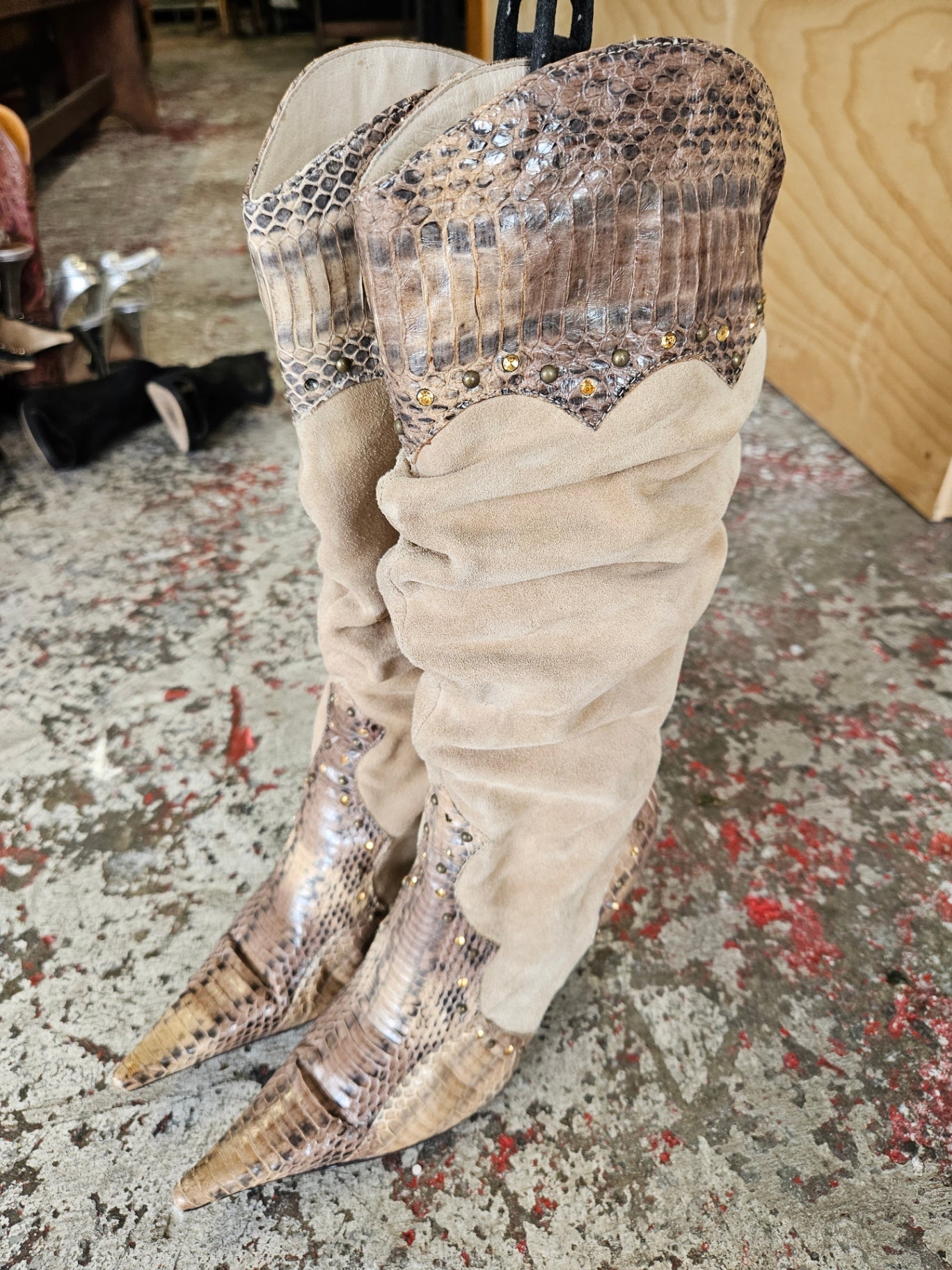 ROBERTO BOTELLA SUEDE AND LEATHER CALF HIGH BOOTS BEIGE SNAKE SIZE 40