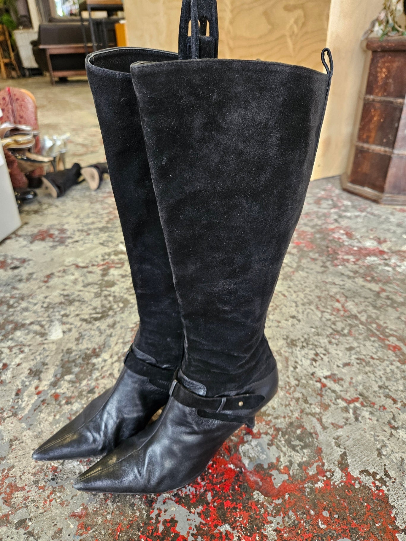 MINA MARTINI LEATHER AND SUEDE KNEE HIGH BOOTS BLACK SIZE 39