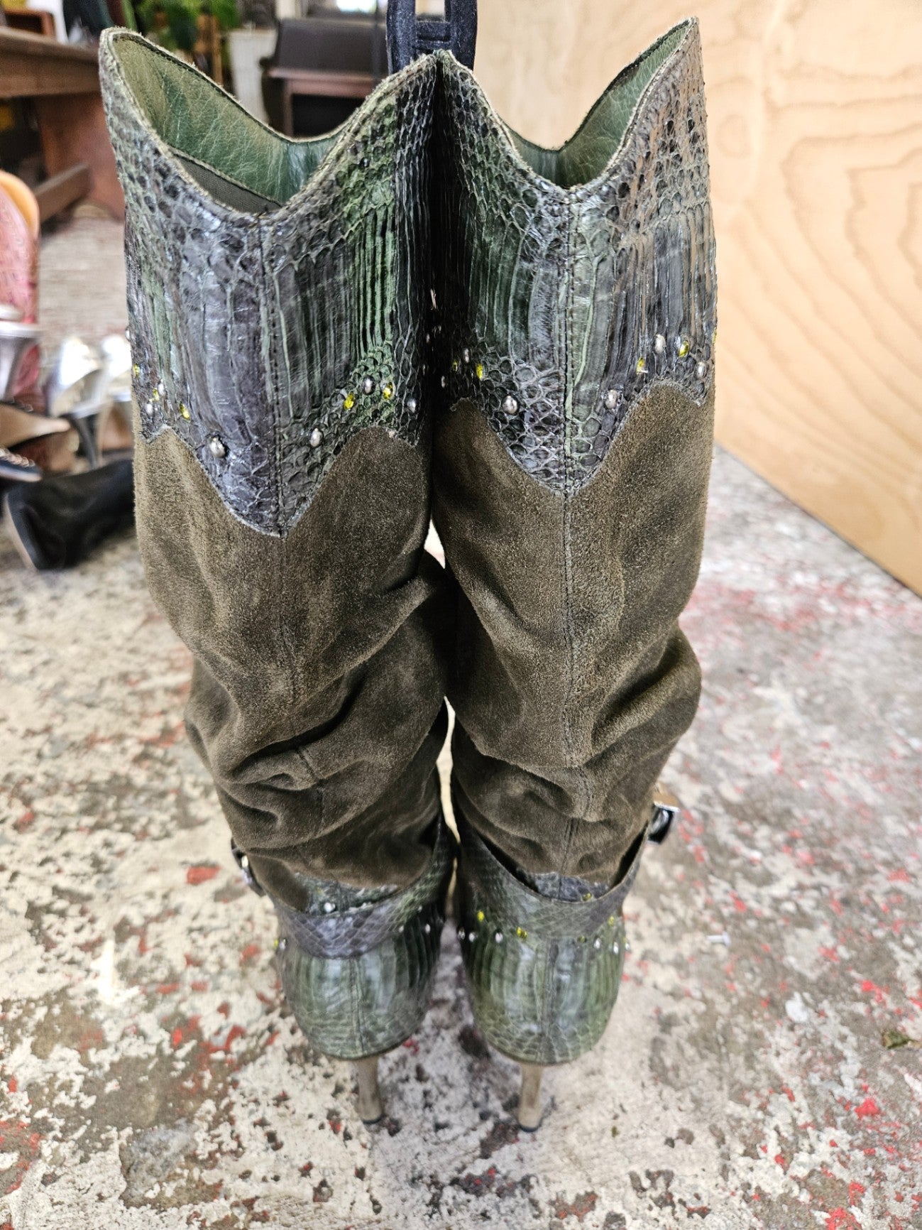 ROBERTO BOTELLA SUEDE LEATHER CALF HIGH BOOTS OLIVE CROC SIZE 40