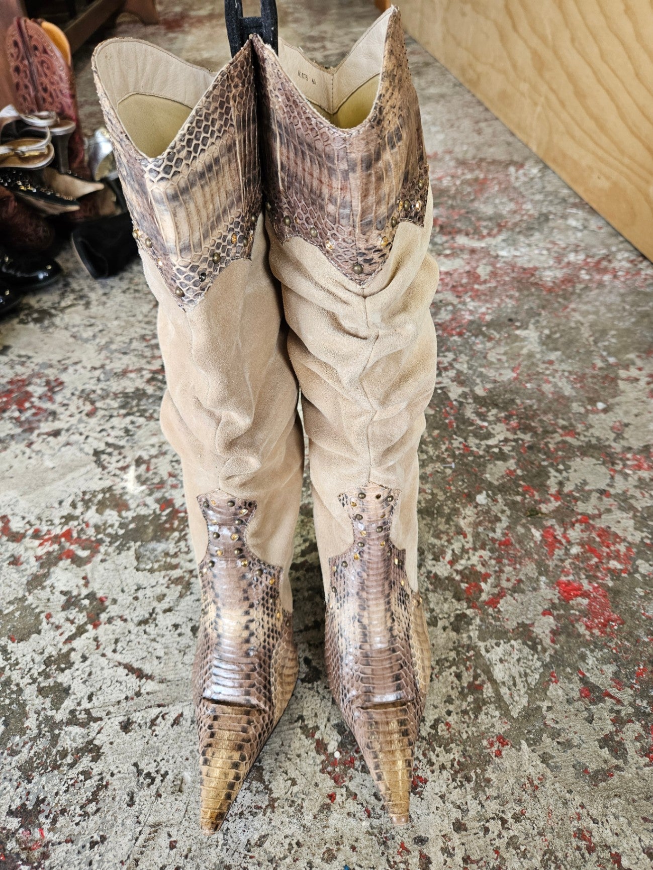 ROBERTO BOTELLA SUEDE AND LEATHER CALF HIGH BOOTS BEIGE SNAKE SIZE 40