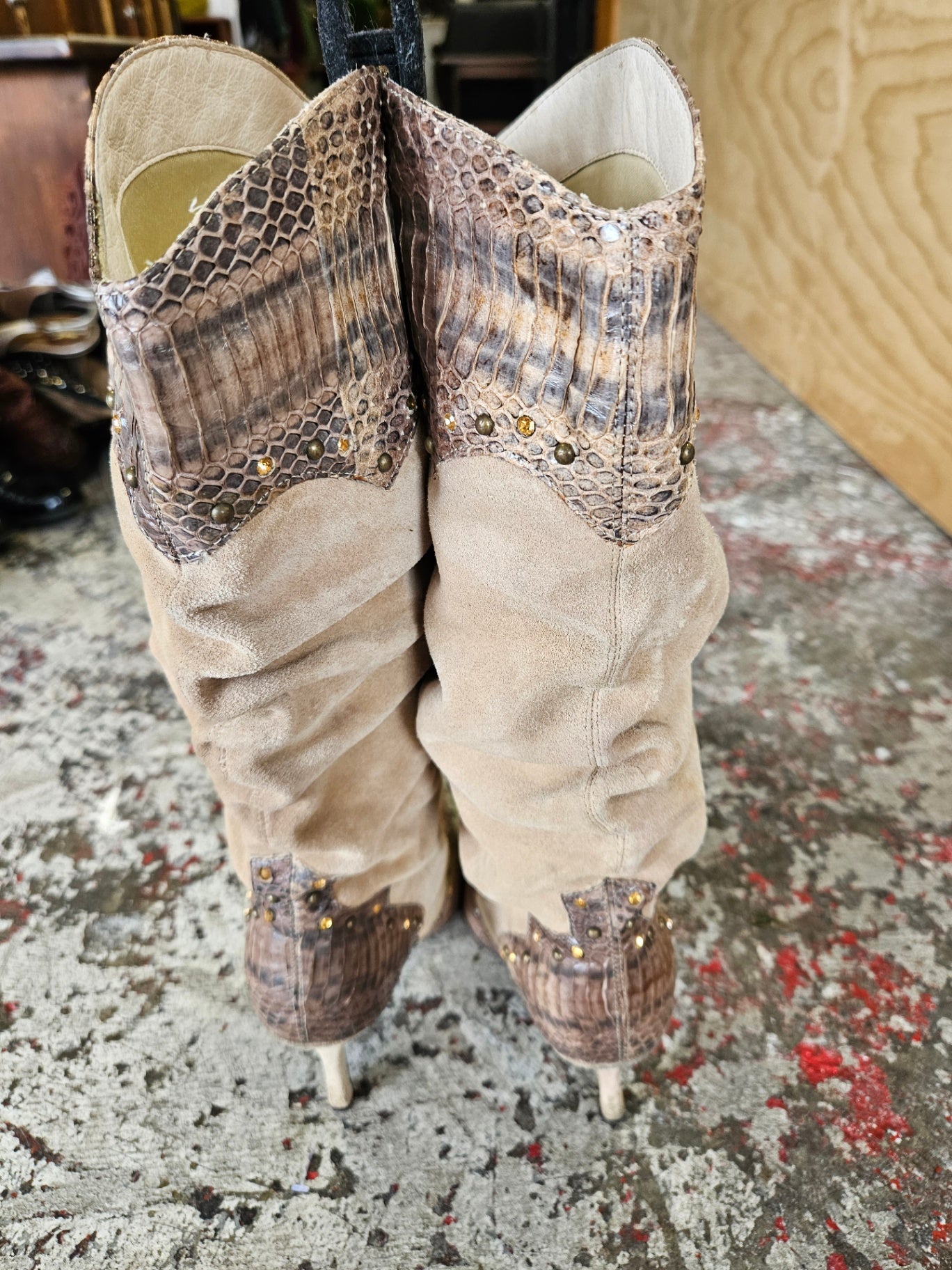ROBERTO BOTELLA SUEDE AND LEATHER CALF HIGH BOOTS BEIGE SNAKE SIZE 40