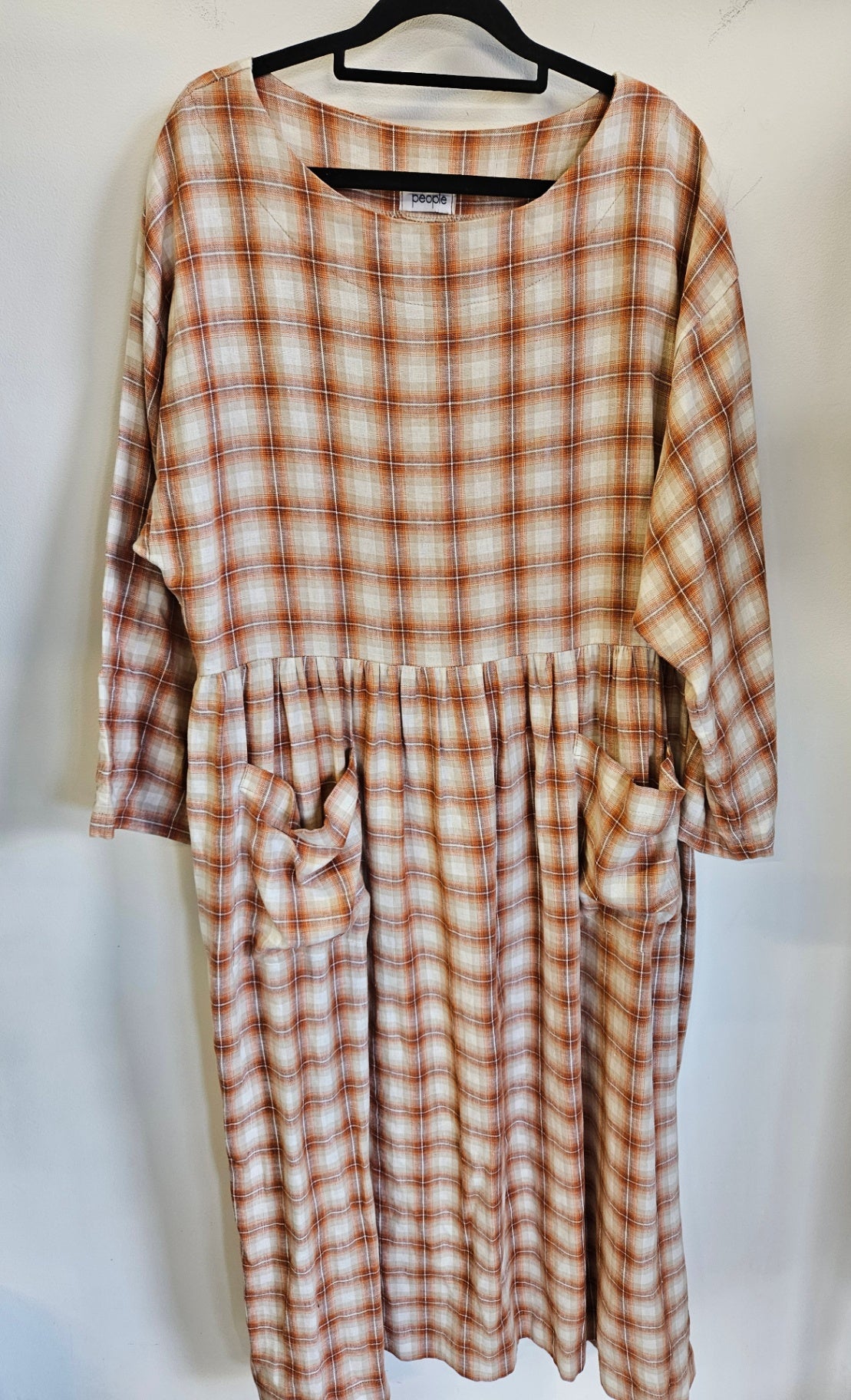 PEOPLE LINEN BLEND DUSTER ORANGE BROWN CREAM PLAID SIZE 16