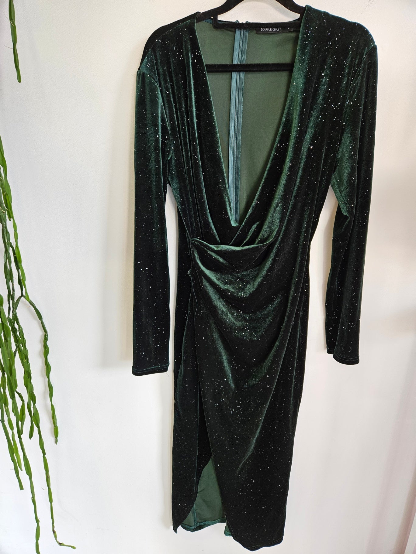 DOUBLE CRAZY VELVET FORMAL LONG SLEEVE DRESS GREEN SILVER GLITTER SIZE L