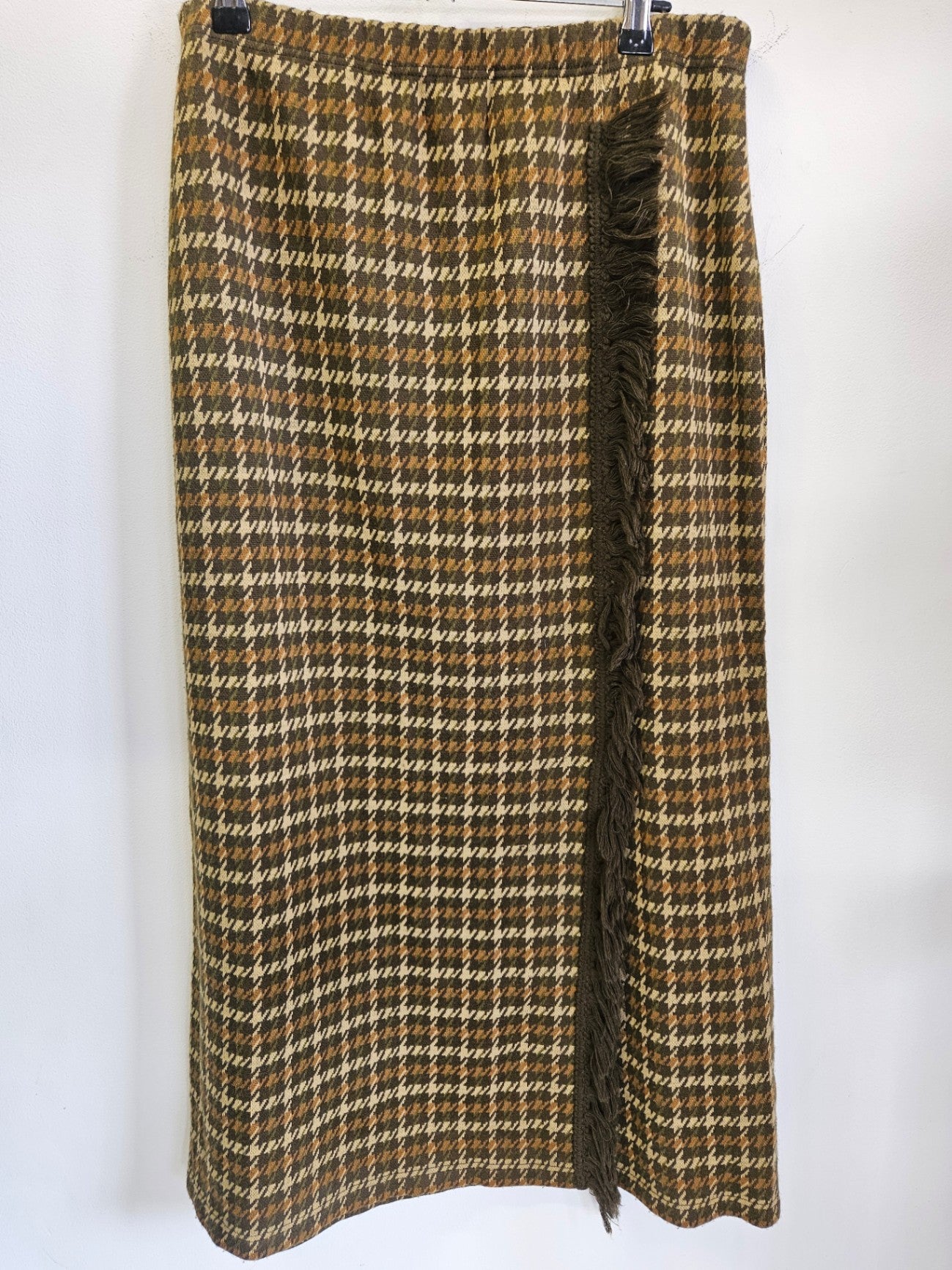 ACYRLIC KNIT VINTAGE MIDI SKIRT KHAKI BEIGE HERRINGBONE SIZE XL
