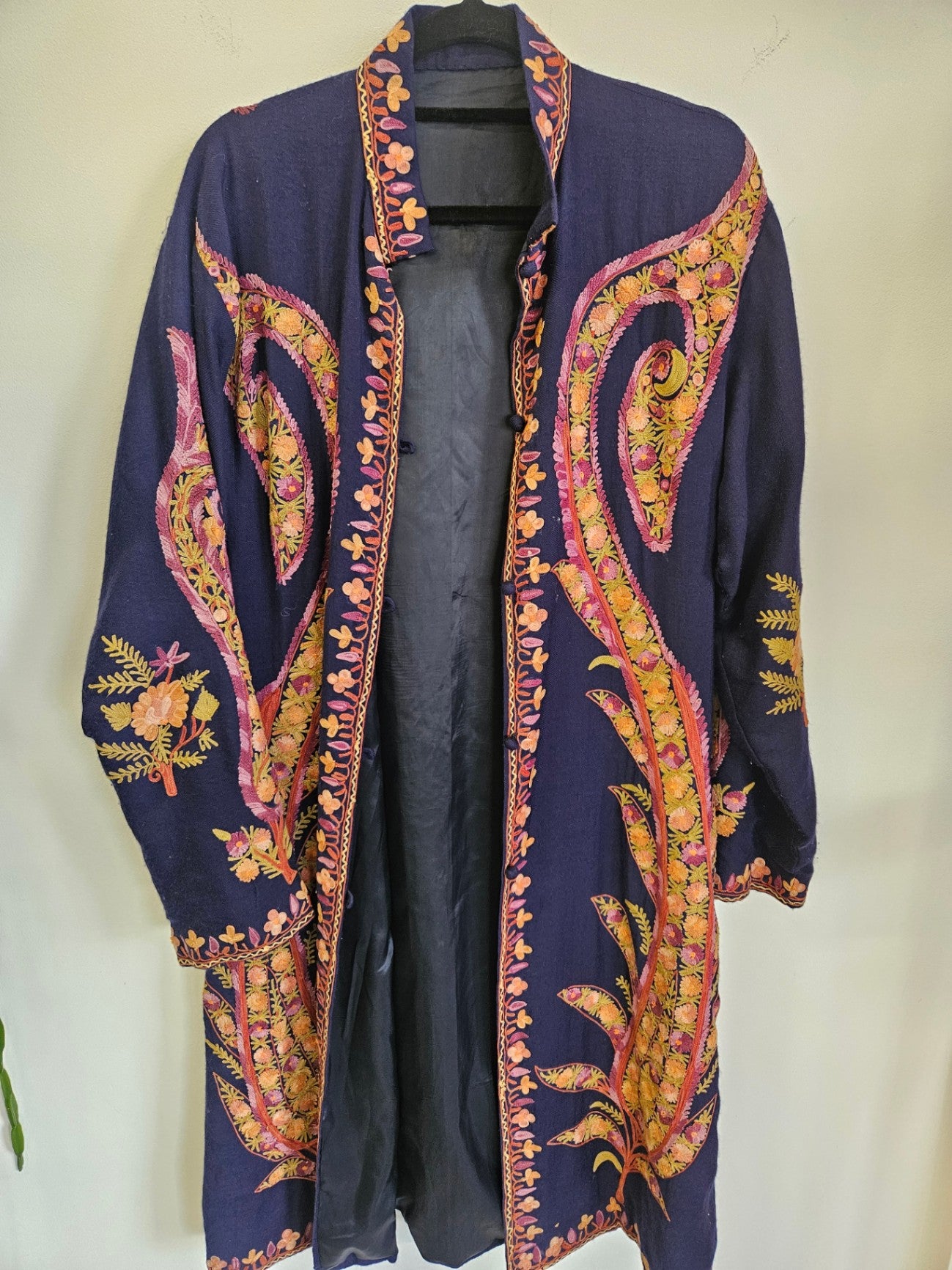 VINTAGE WOOL BLEND DUSTER NAVY EBROIDERED MULTICOLOR SIZE 12