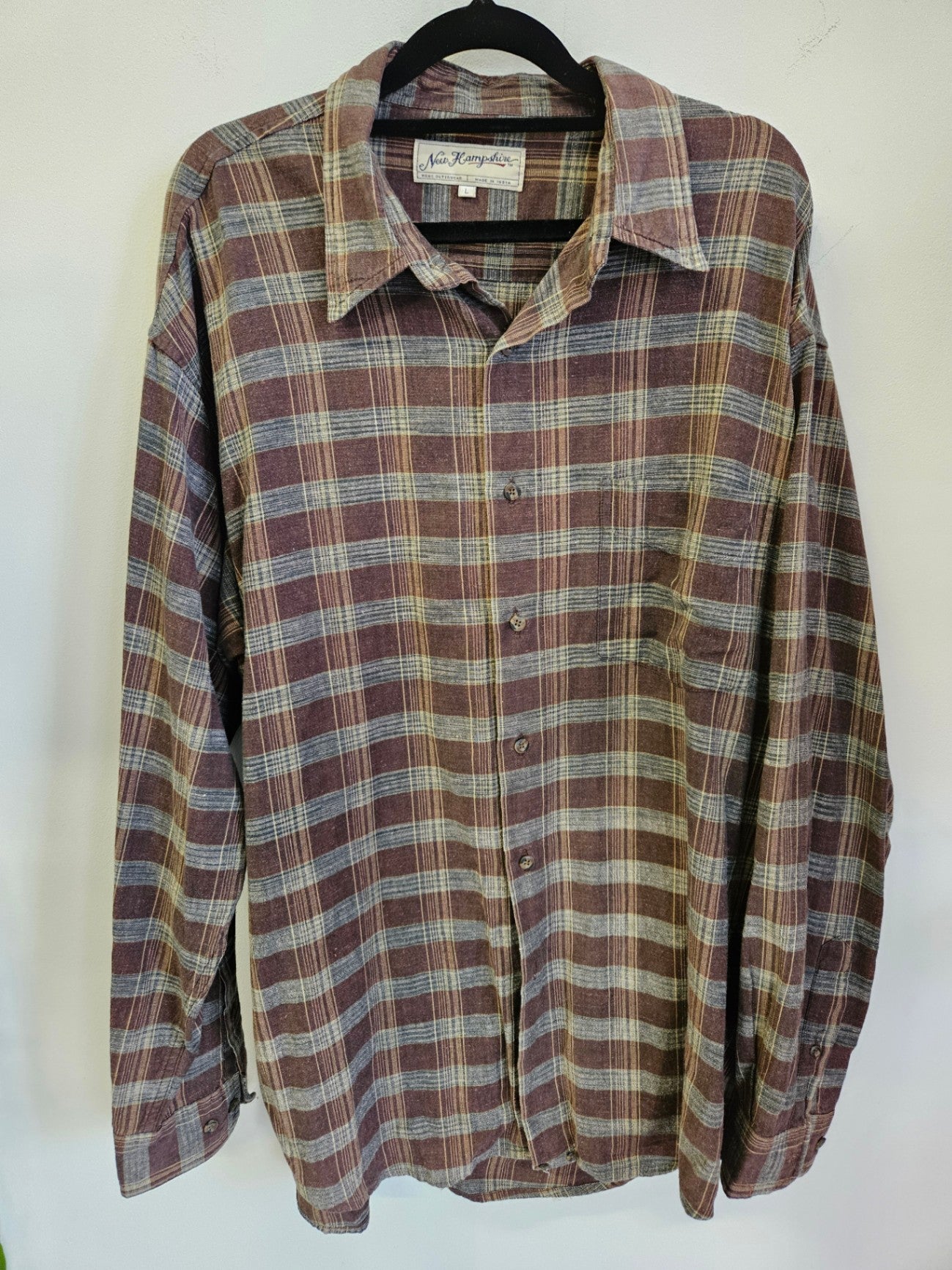 NEW HAMPSHIRE COTTON FLAX BLEND LONG SLEEVE SHIRT BROWN BEIGE TARTAN SIZE L