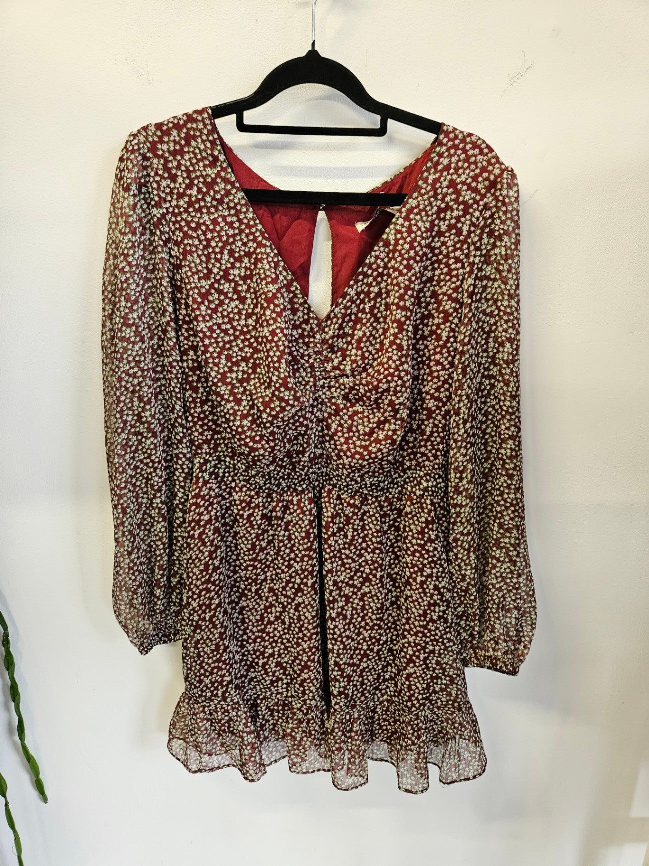 THE EAST ORDER CHIFFON LONG SLEEVE MINI DRESS RED BROWN FLORAL SIZE M