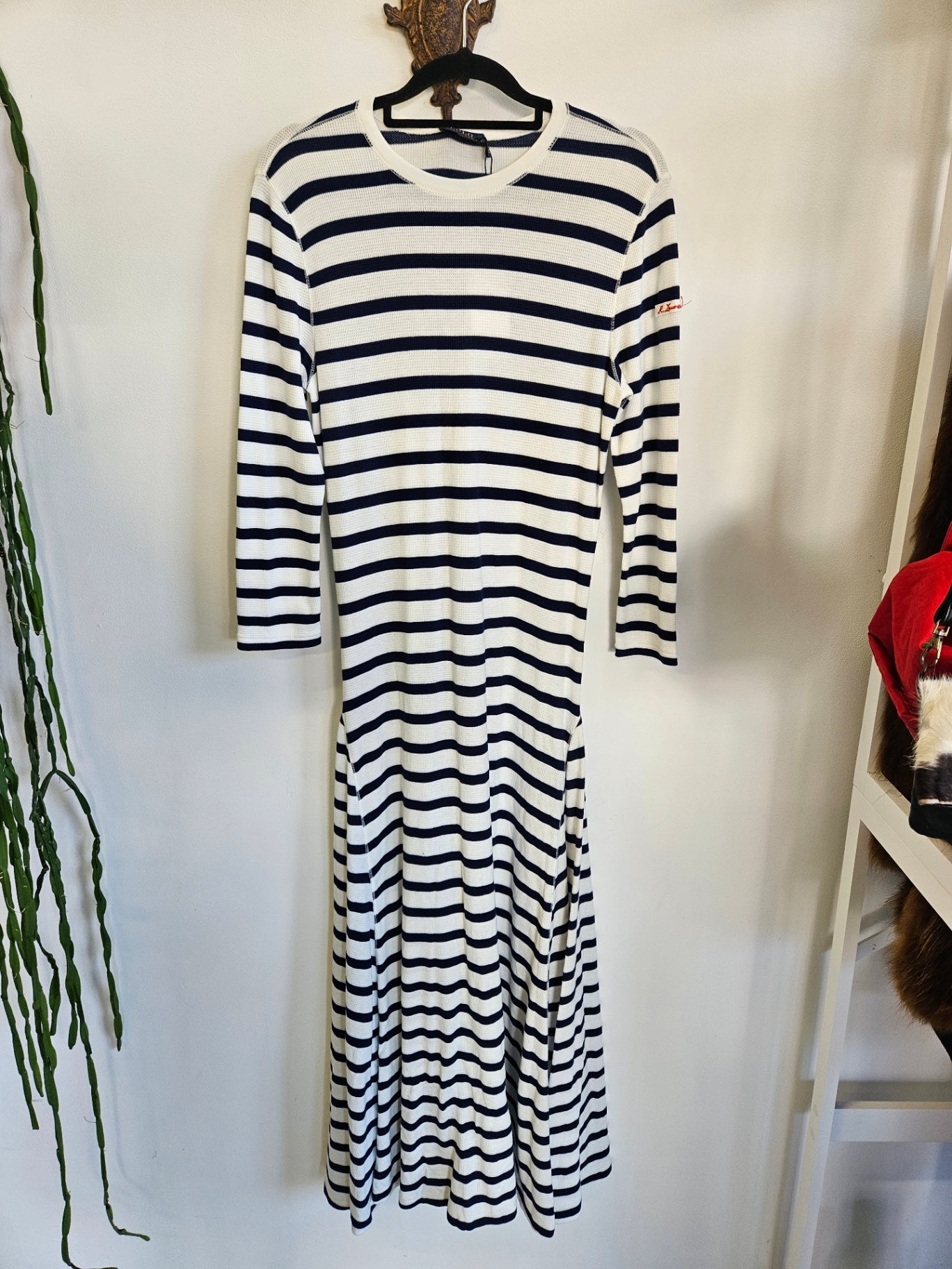 POLO RALPH LAUREN COTTON MODAL ELASTANE LONG SLEEVE MAXI DRESS NAVY WHITE STRIPE SIZE M