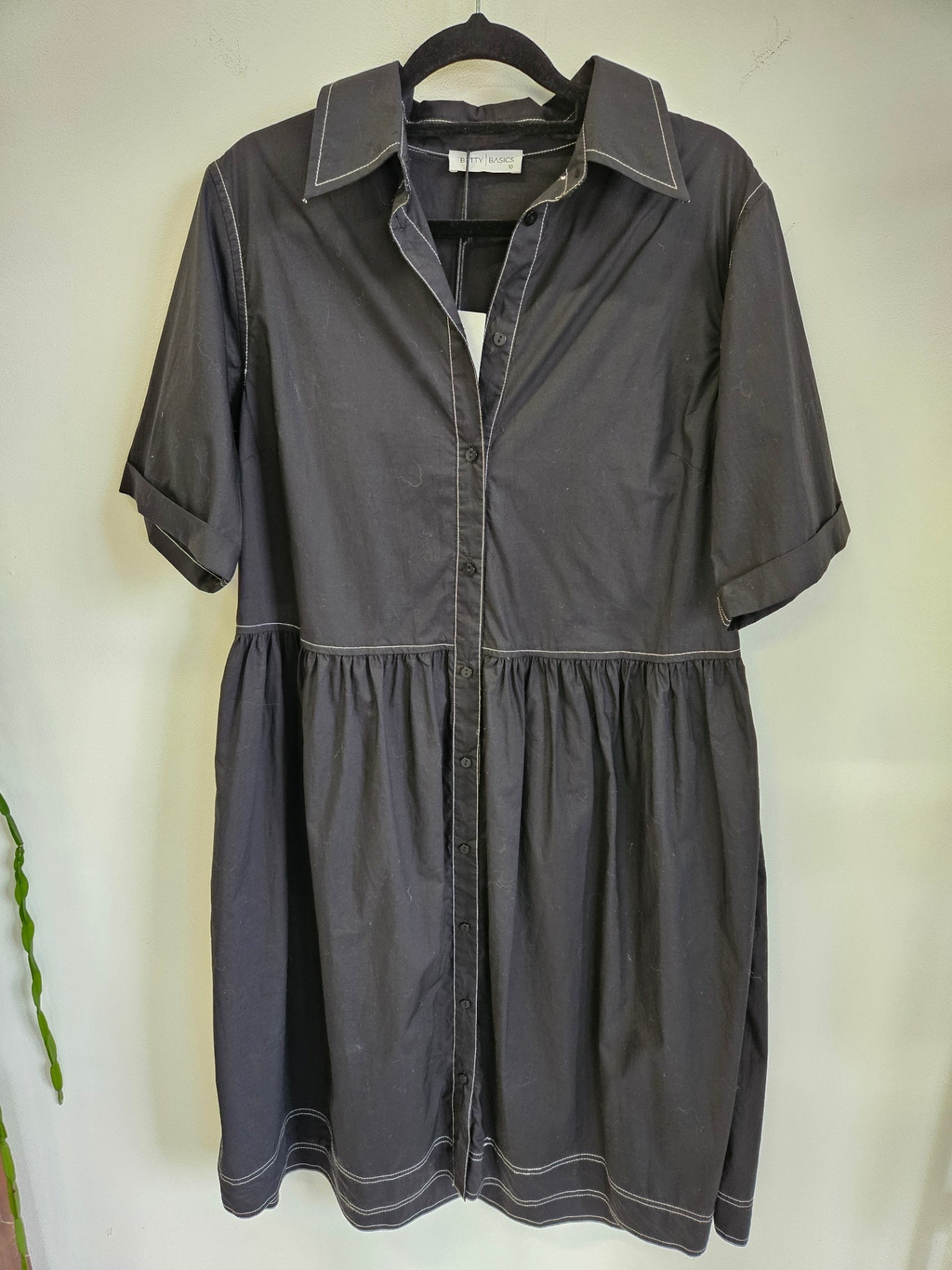 BETTY BASICS COTTON COLLARED DRESS BLACK WITH WHITE STITCH SIZE 10