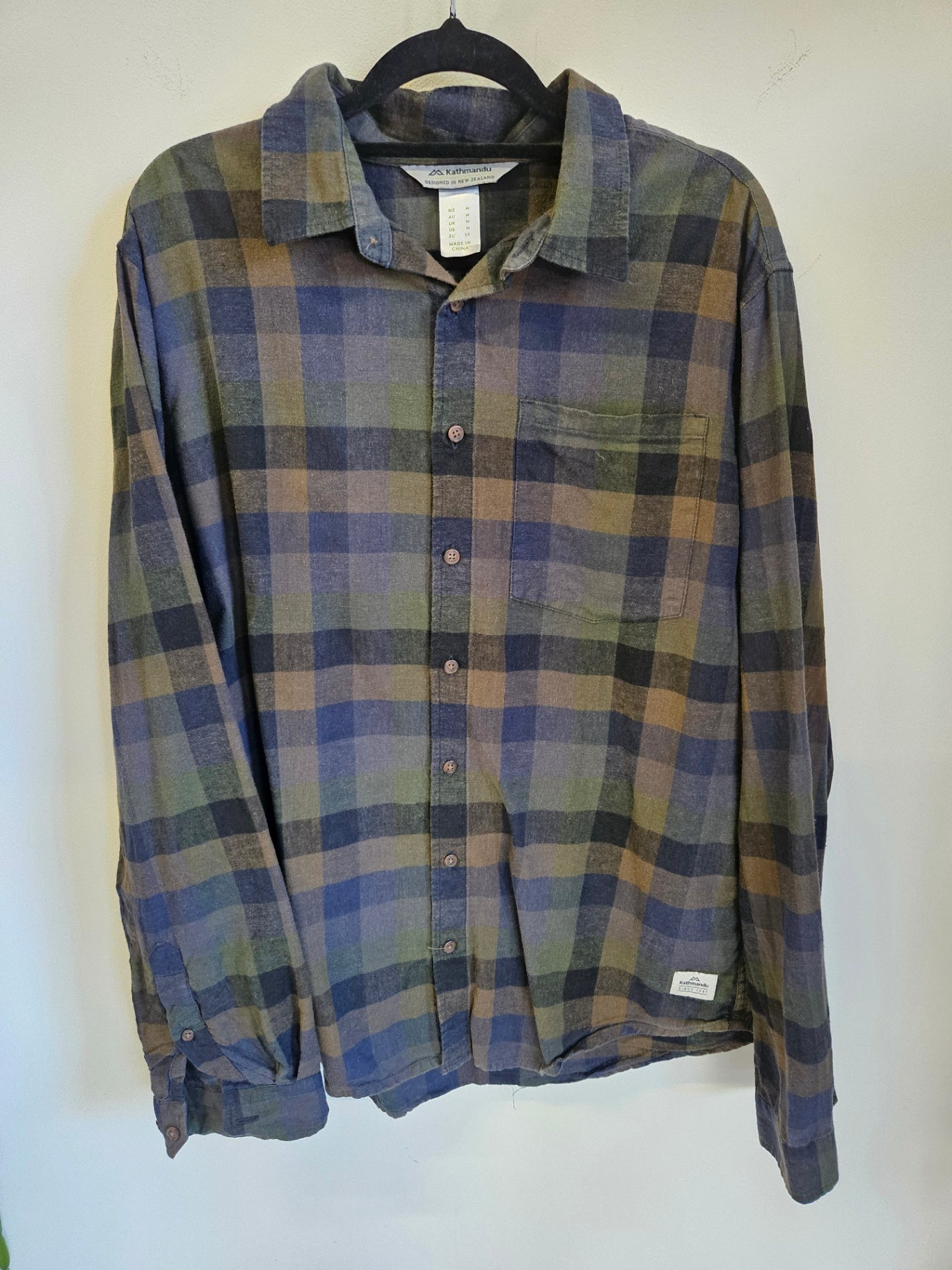 KATHMANDU COTTON HEMP SHIRT NAVY KHAKI CHECK SIZE M