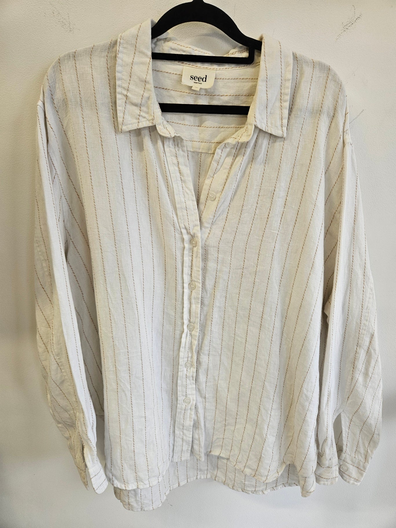 SEED LINEN LONG SLEEVE SHIRT CREAM BEIGE STRIPE SIZE 14