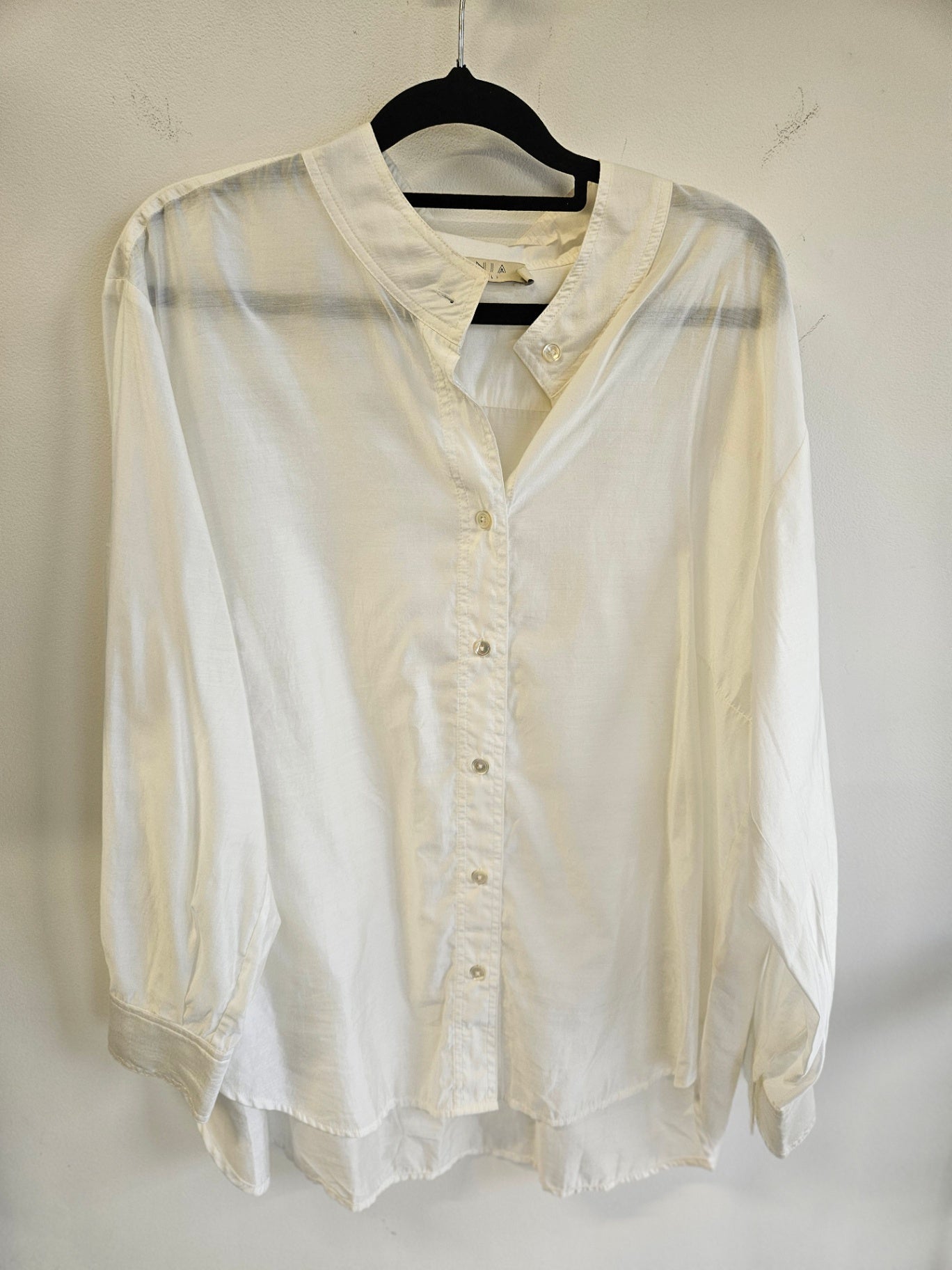 LANIA COTTON SILK LONG SLEEVE COLLARLESS SHIRT WHITE SIZE 16