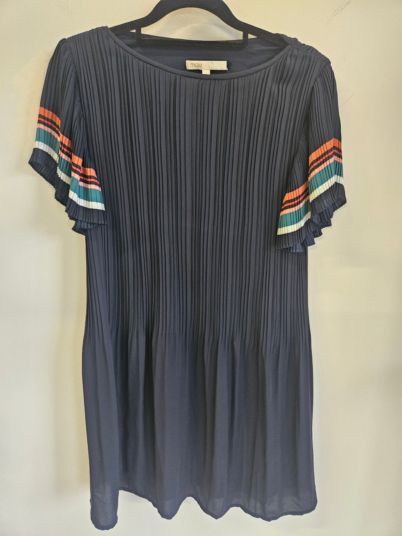 MAJE PLEATED DRESS NAVY STRIPE DETAIL SIZE M