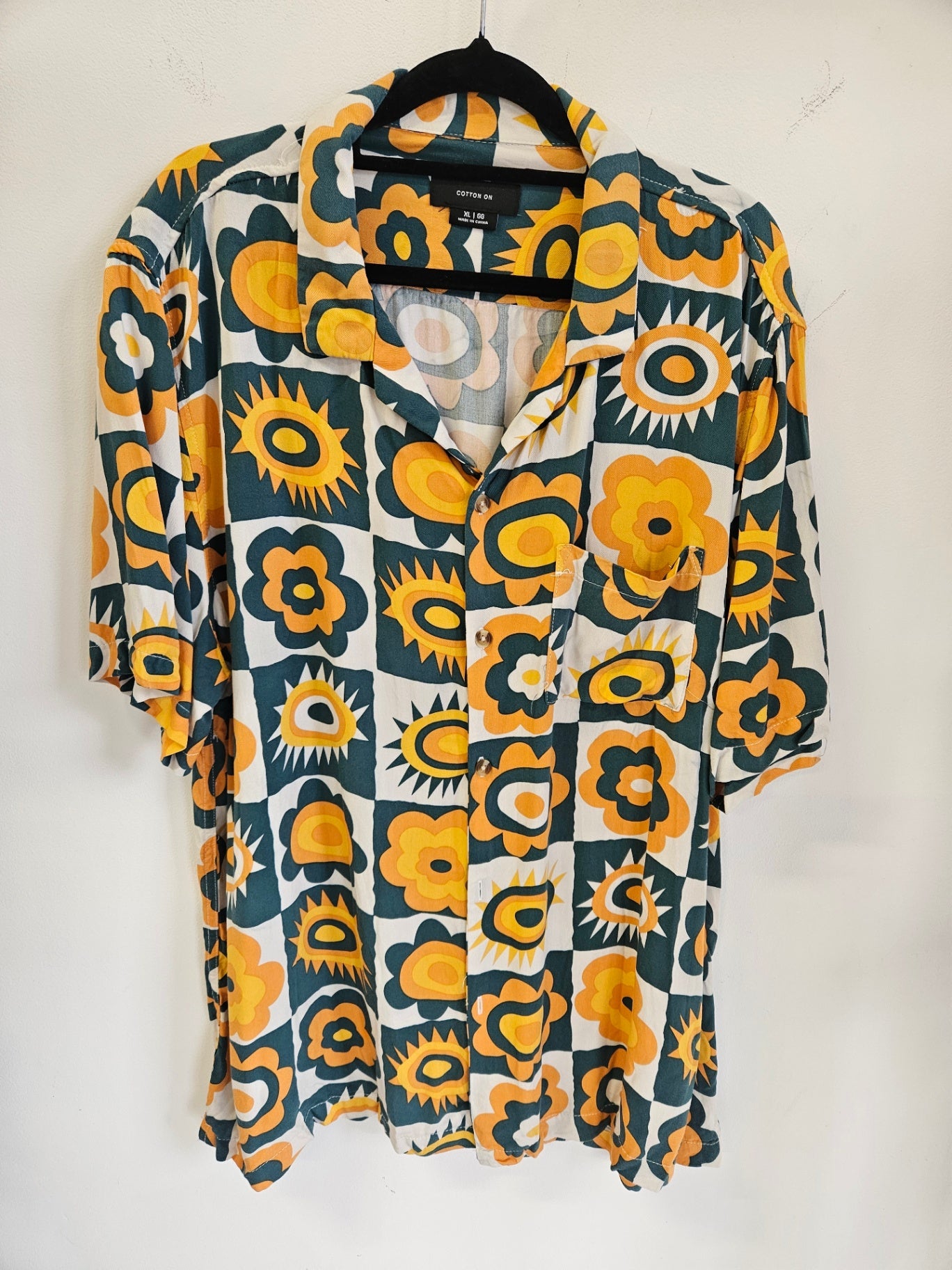 COTTON ON VISCOSE SHIRT RETRO FLORAL ORANGE GREEN WHITE SIZE XL
