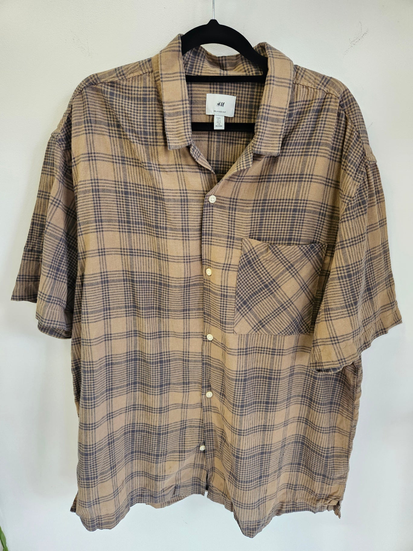 H&M COTTON LINEN SHIRT BROWN CHECK SIZE L