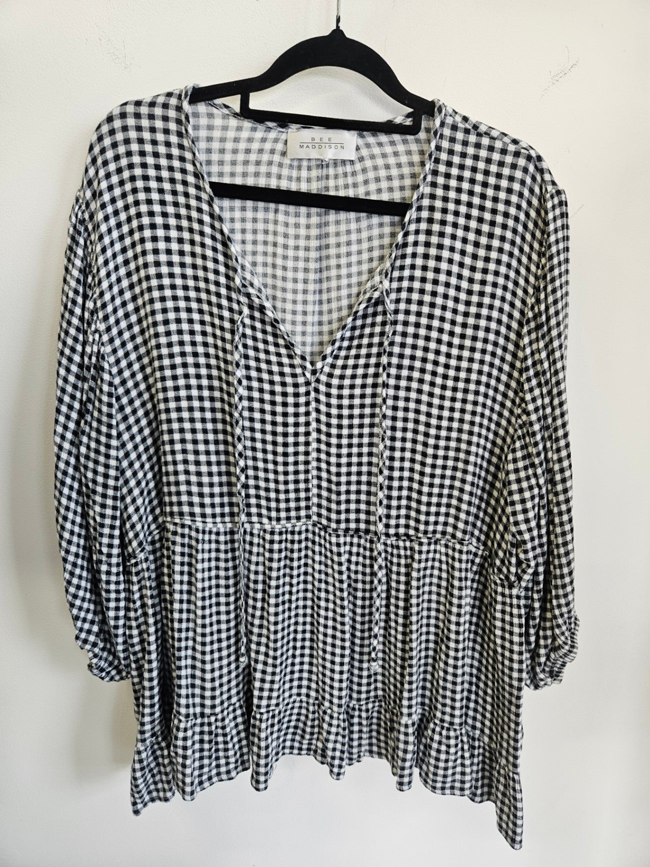 BEE MADDISON RAYON LONG SLEEVE TOP BLACK WHITE GINGHAM SIZE XL