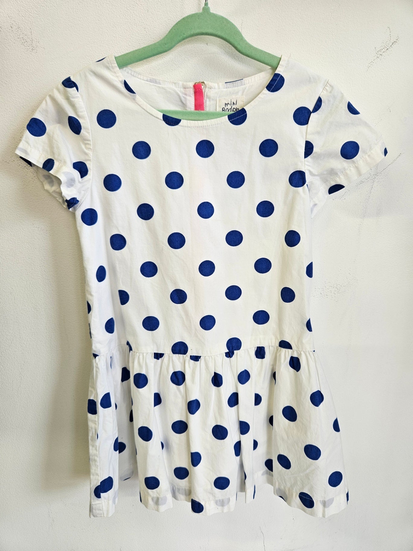 MINI BODEN COTTON DRESS WHITE BLUE SPOT SIZE 3-4Y