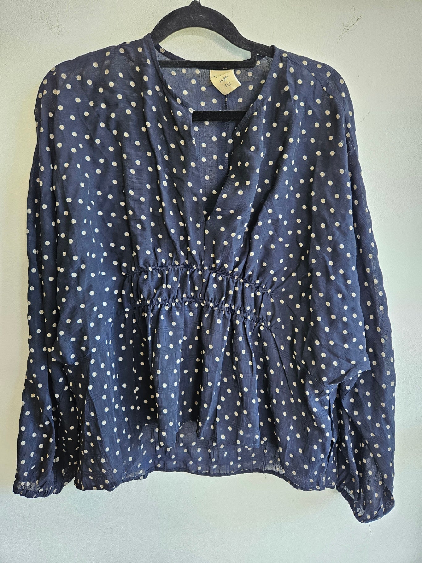 WIYA SHEER LONG SLEEVE TOP NAVY POLKA DOT SIZE 16