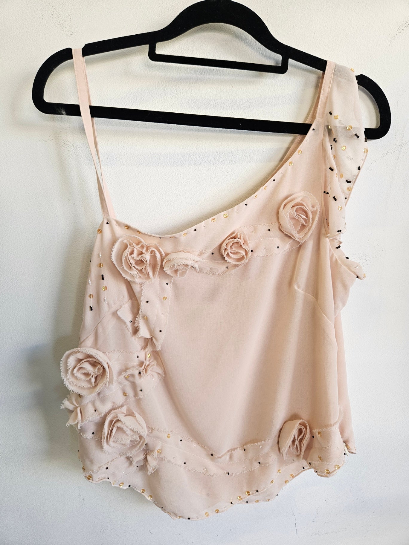JOHNNY DEXTER CHIFFON ASYMETRICAL TOP PALE PINK SIZE 12