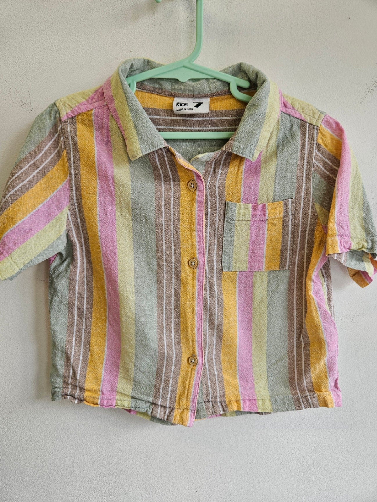 COTTON ON COTTON LINEN BLEND SHIRT PASTEL STRIPE SIZE 7