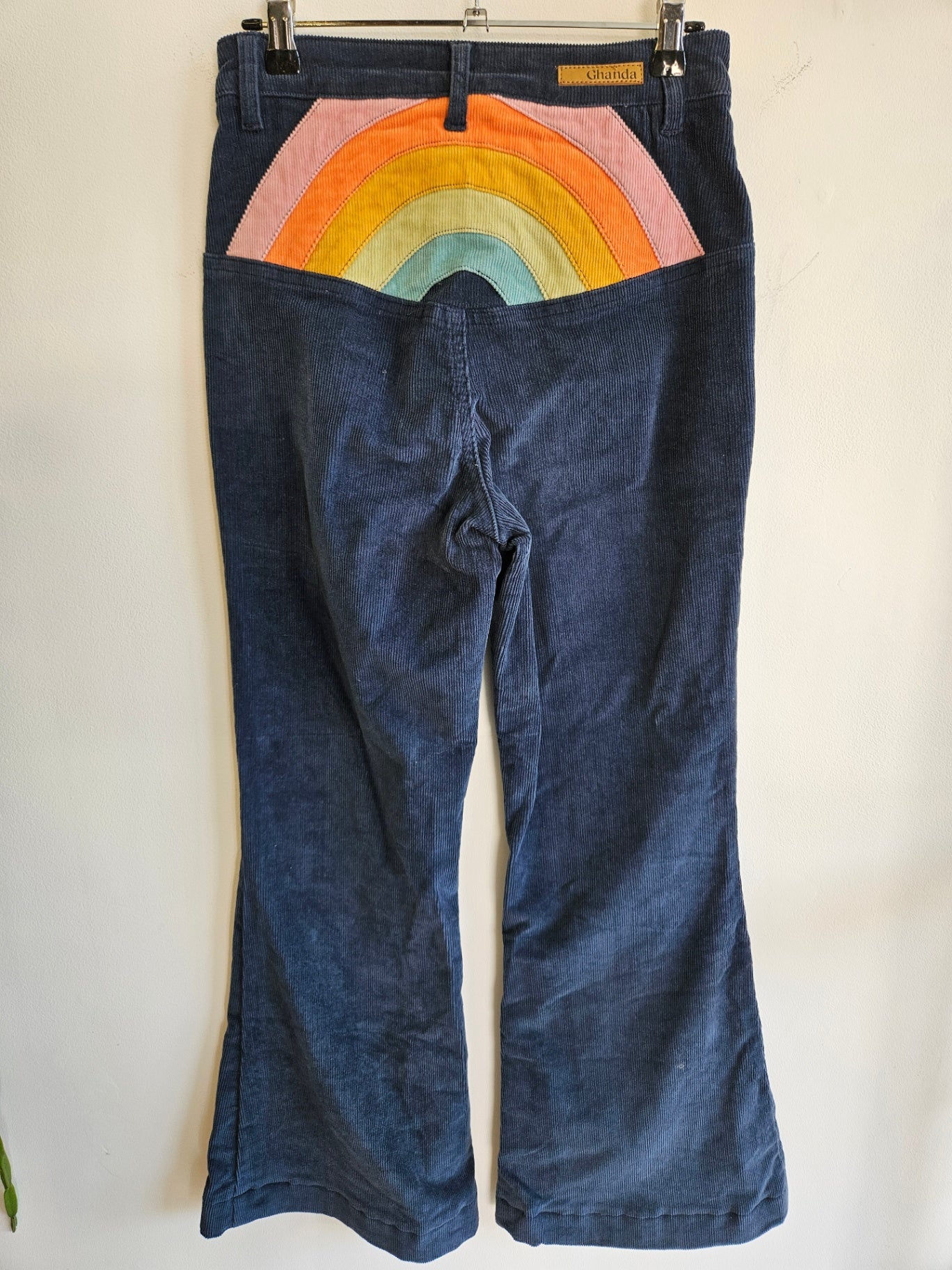 GHANDA CORDUROY FLARED PANTS DARK BLUE RAINBOW SIZE 8